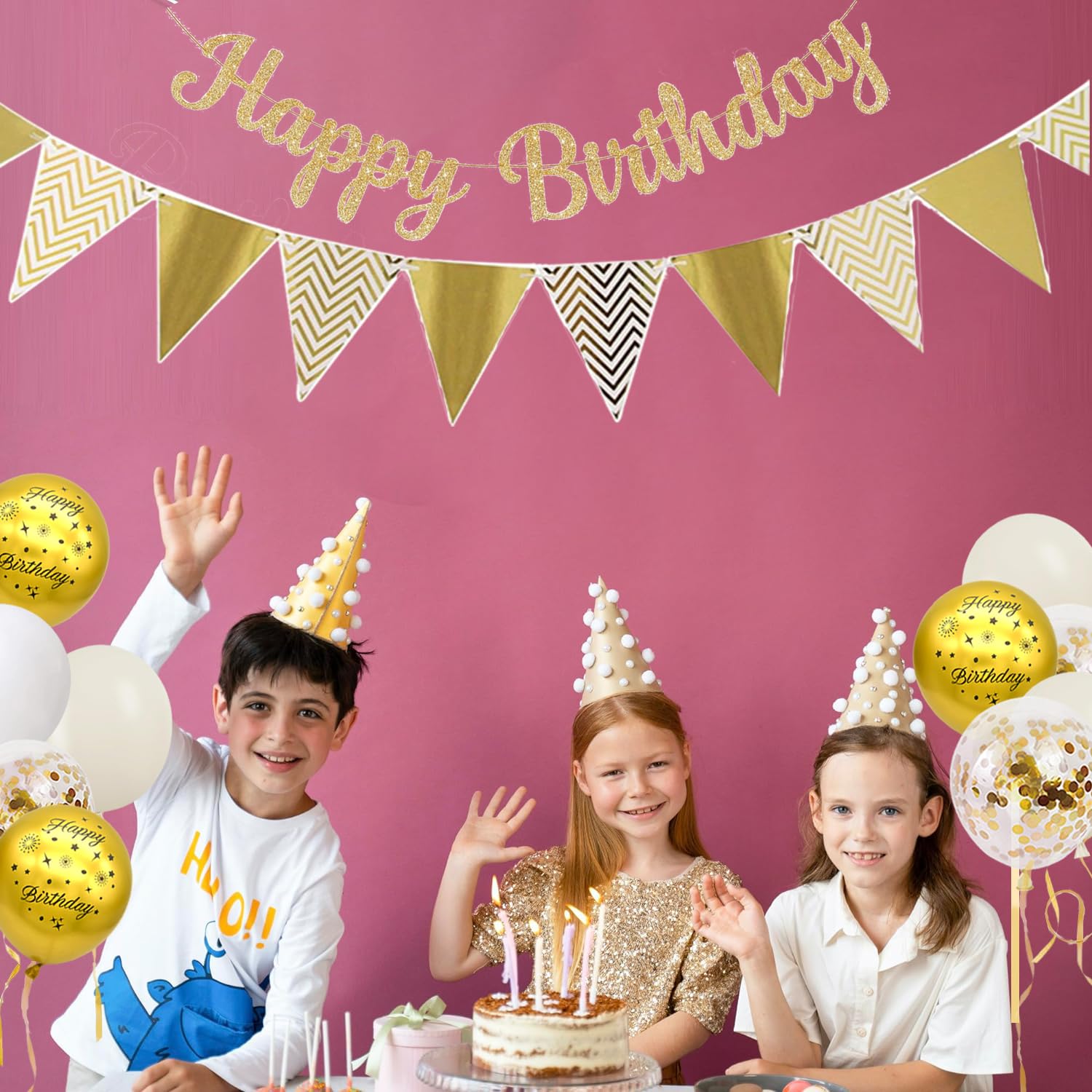 Décoration Anniversaire Guirlande Happy Birthday Beige Blanc Or - Ballons Et Confettis Inclus