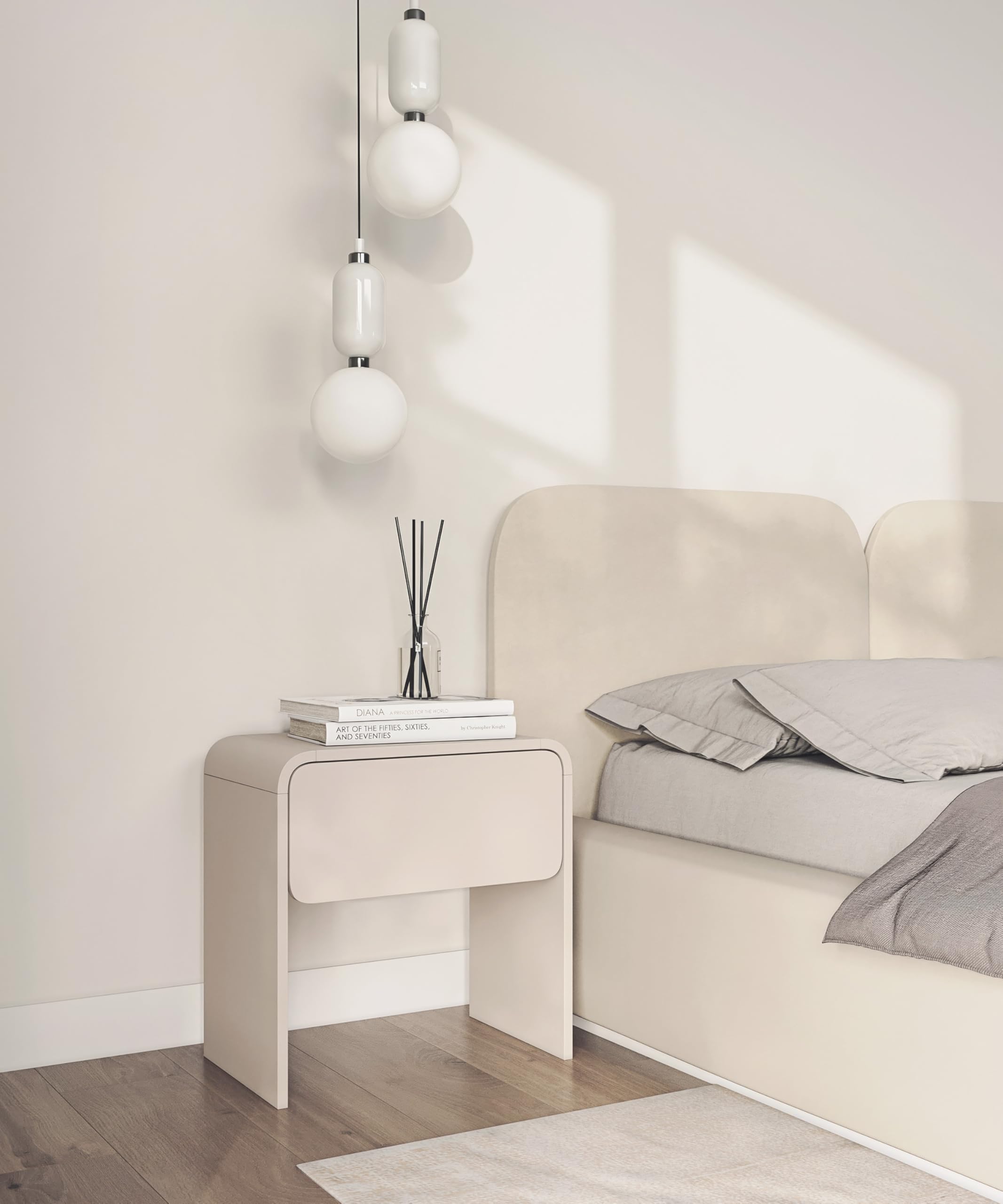 Selsey Moderner Nachttisch 50 cm mit Schublade im eleganten Kaschmirton Deal fürs Schlafzimmer. Robuste PVC-Kanten, skandinavisches Design und praktischer Stauraum für Bücher, Brille und Accessoires.