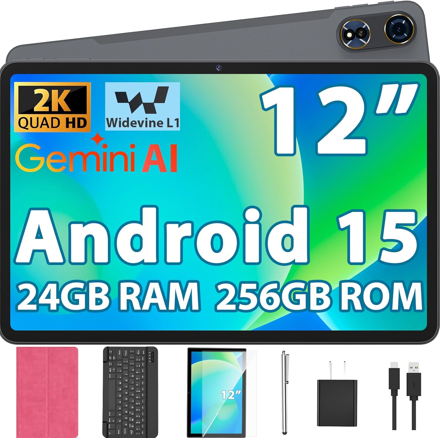 12 Inch Android 15 Tablet with Keyboard, 24GB RAM, 256GB ROM, 2TB Expand, 2000x1200 Screen, Octa-Core T615, 8+16MP Camera, 8000mAh Battery, 5G Wifi, 2K Tablet with Case, Stylus, Mouse (Pink Case) - Image 1 of 8