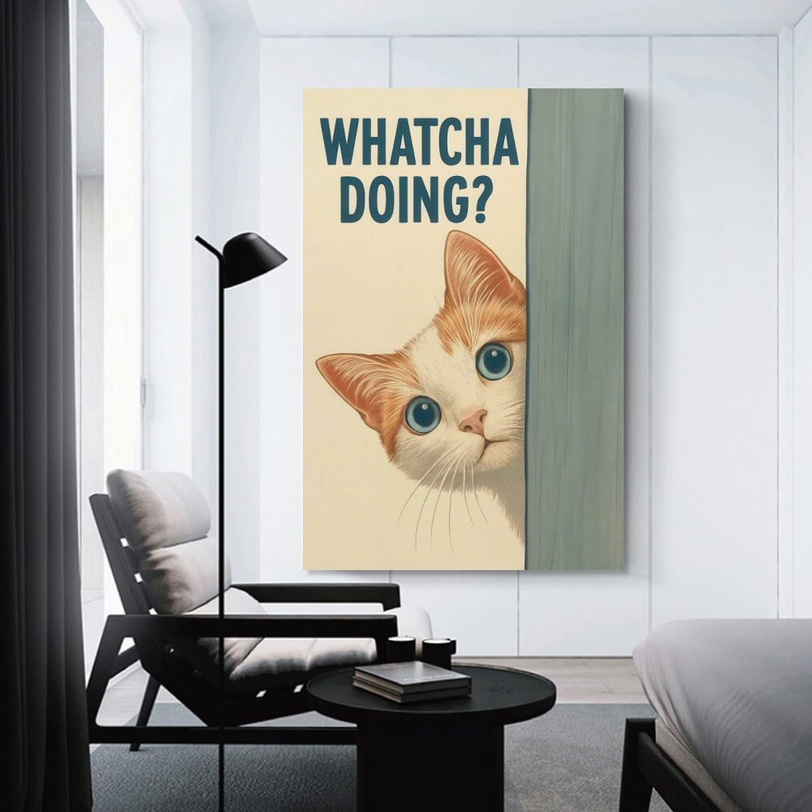 Junmoney Room Decor Wall Art Whatcha Doing Curious Cat Peeking, 20x30inch(50x75cm), for Workspace Walls, Study Corners Or Bedrooms, A Smart Decor Choice for Study Walls