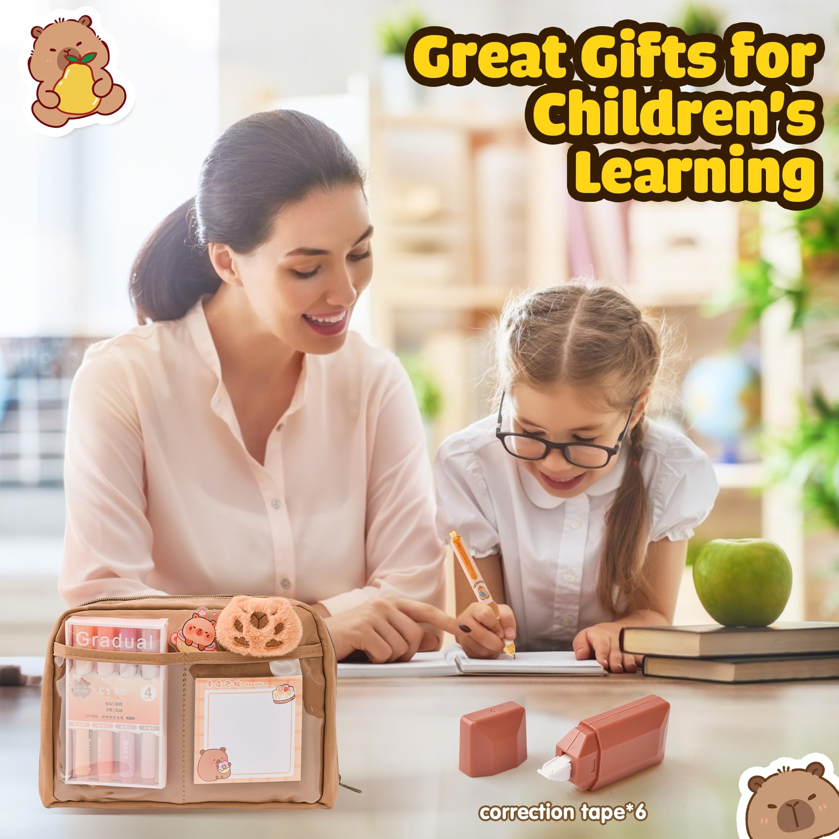 Capybara Schreibwaren Set, Capybara Federmäppchen mit Fächern, Süßes Capybara Mäppchen Geschenkset für Kinder & Schüler, Inkl. Stifte, Clips, Linealen und Mehr, für Schule, Büro, Kunst