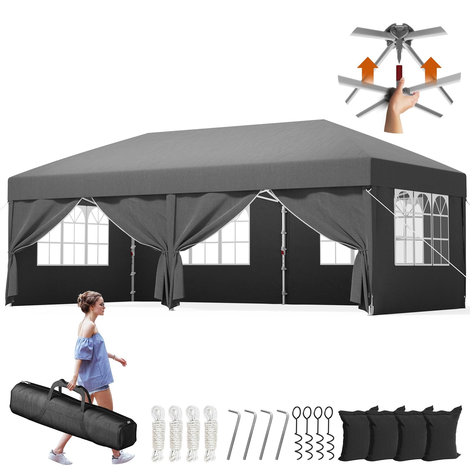 Devoko Pop Up Gazebo 3x6m with Sides, Heavy Duty Large Waterproof Marquee, 4 Removable Walls, UV50+ Sun Shelter, Adjustable Height, Folding Tent for Garden, Party, Camping - Dark Gray 3x6