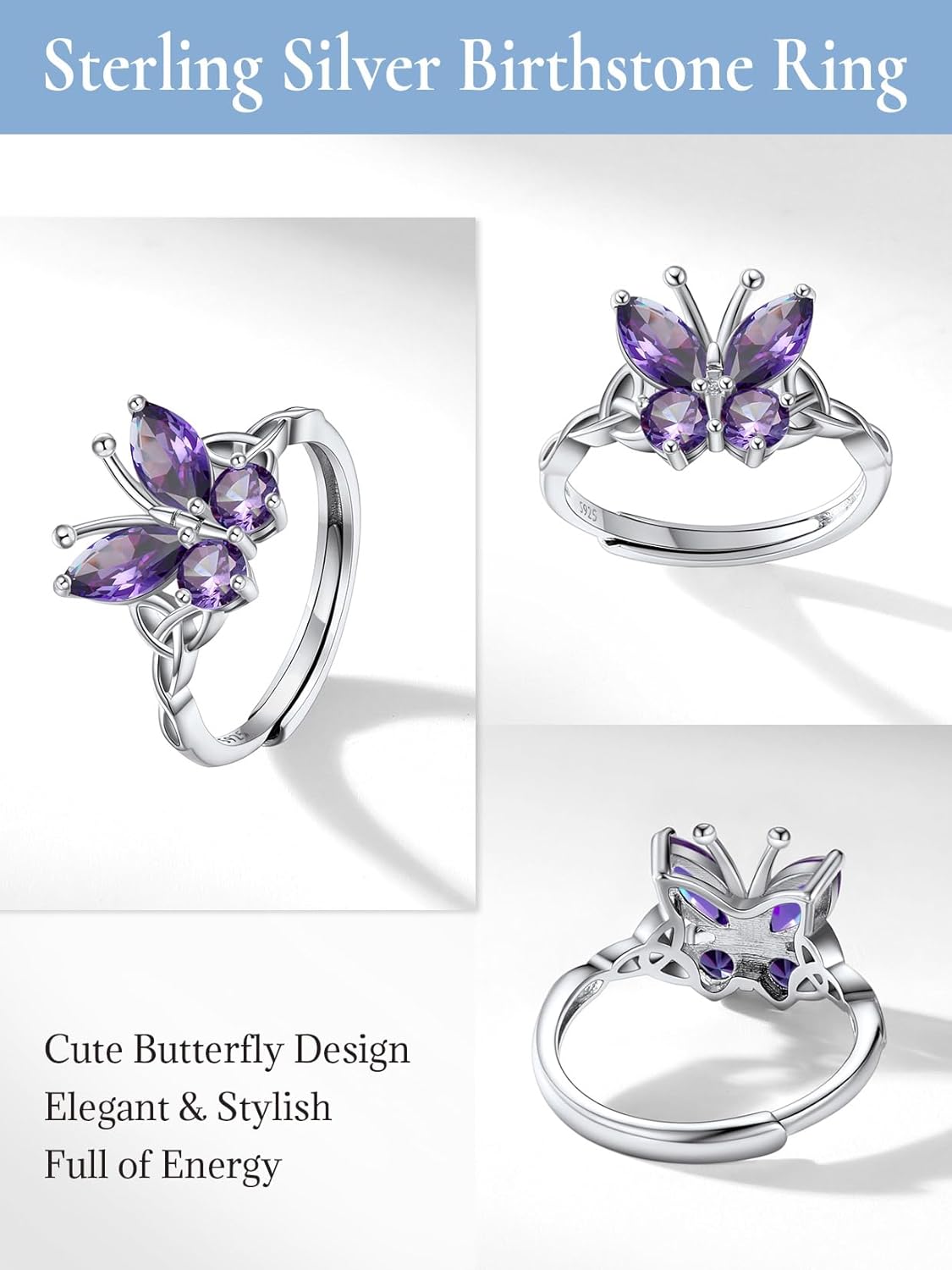 925 Sterling Silver Butterfly Ring,Adjustable Silver Birthstone Rings for Women,Dainty Butterfly Stackable Rings Gifts for Her - Image 6