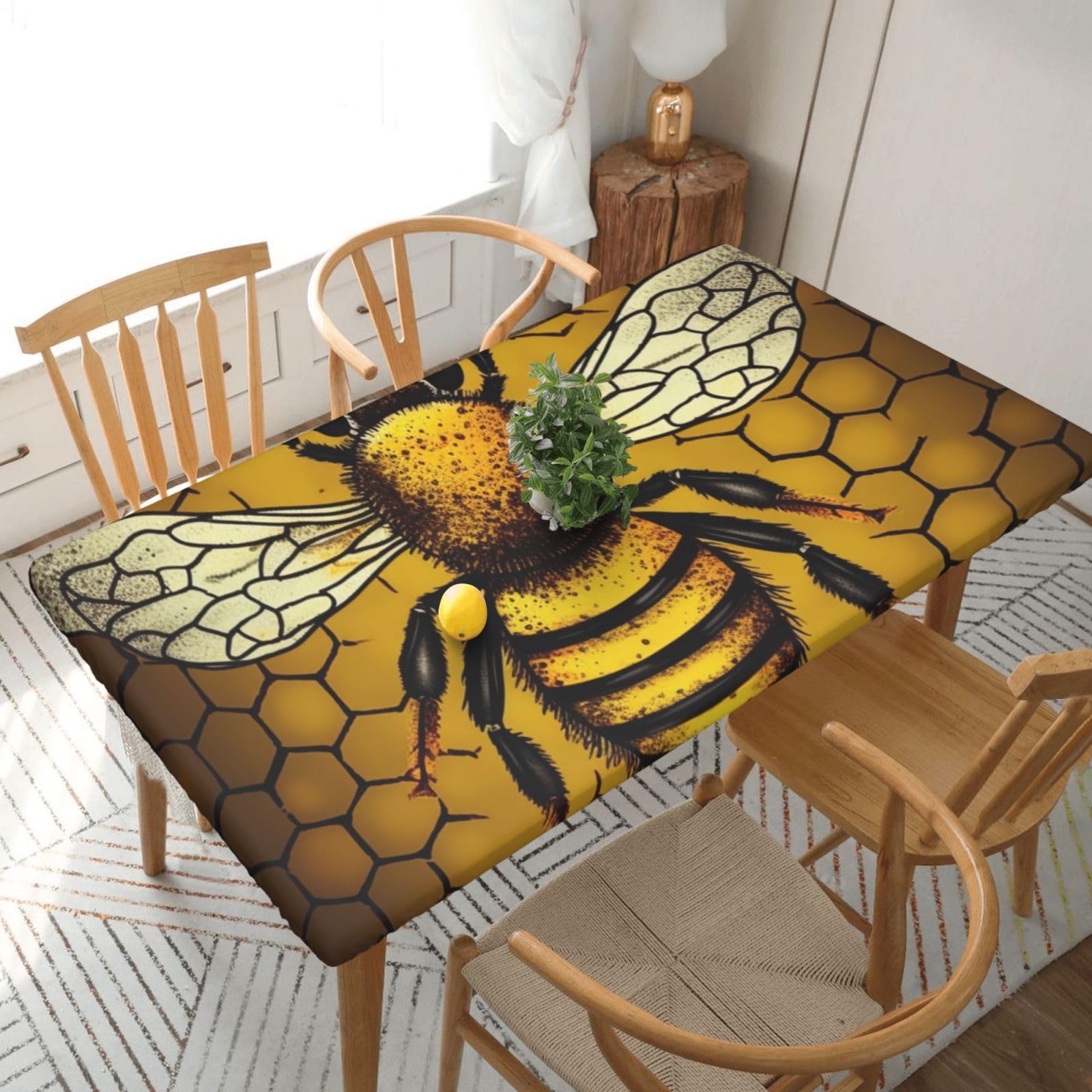 WPKJU Bee Honeybee Printed Tablecloths 5ft Rectangular Table Covers Washable Polyester Decorative Table Cloth for Dining Table Picnic Wedding