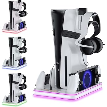 PS5 Pro/PS5/PS5 Slim Stand with PS Portal and PS5 Controller Charging Station PS5 Vertical Bracket with 3 Stage Fan Simultaneous Charging of Three Devices Storage for PS5 Accessories White for PS5 Pro