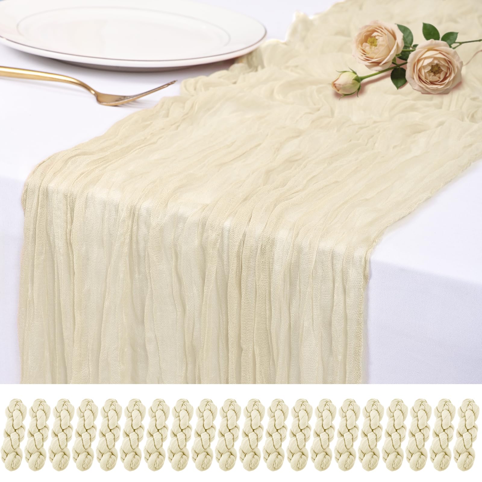 Photo 1 of 20 Pack Ivory Cheesecloth Table Runner 17x108 Inch Semi Sheer Boho Rustic Gauze Cheese Cloth Table Runners for Wedding Party Birthday Baby Shower Home Décor