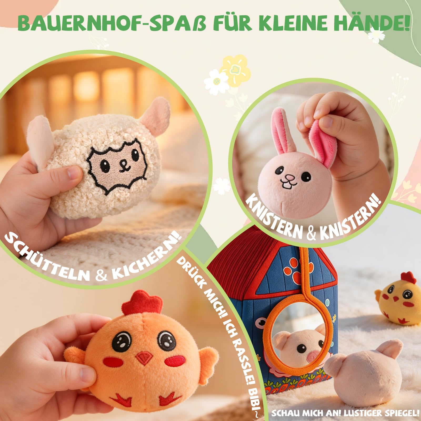 SAIMAND Baby Spielzeug 6-12 Monate – Überraschungs-Scheune mit Plüsch-Bauernhoftieren, Rassel & Spiegel, Montessori Sensorik Lernspielzeug für Kinder 1 2 3 Jahre, Geschenk zu Weihnachten & Geburtstag
