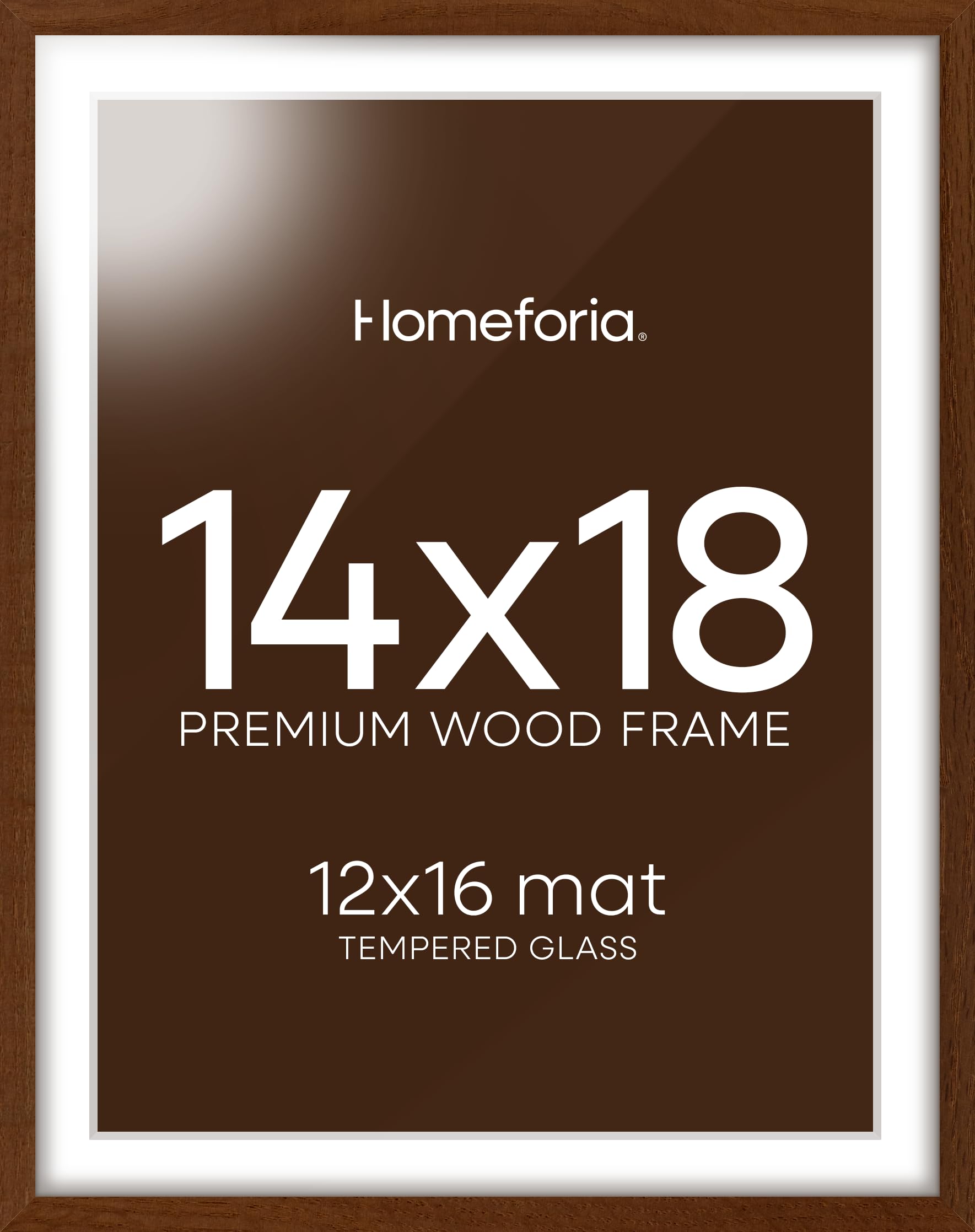 Homeforia 14x18 Brown Oak Picture Frame, High-End Wood, 12x16 Mat, Glass