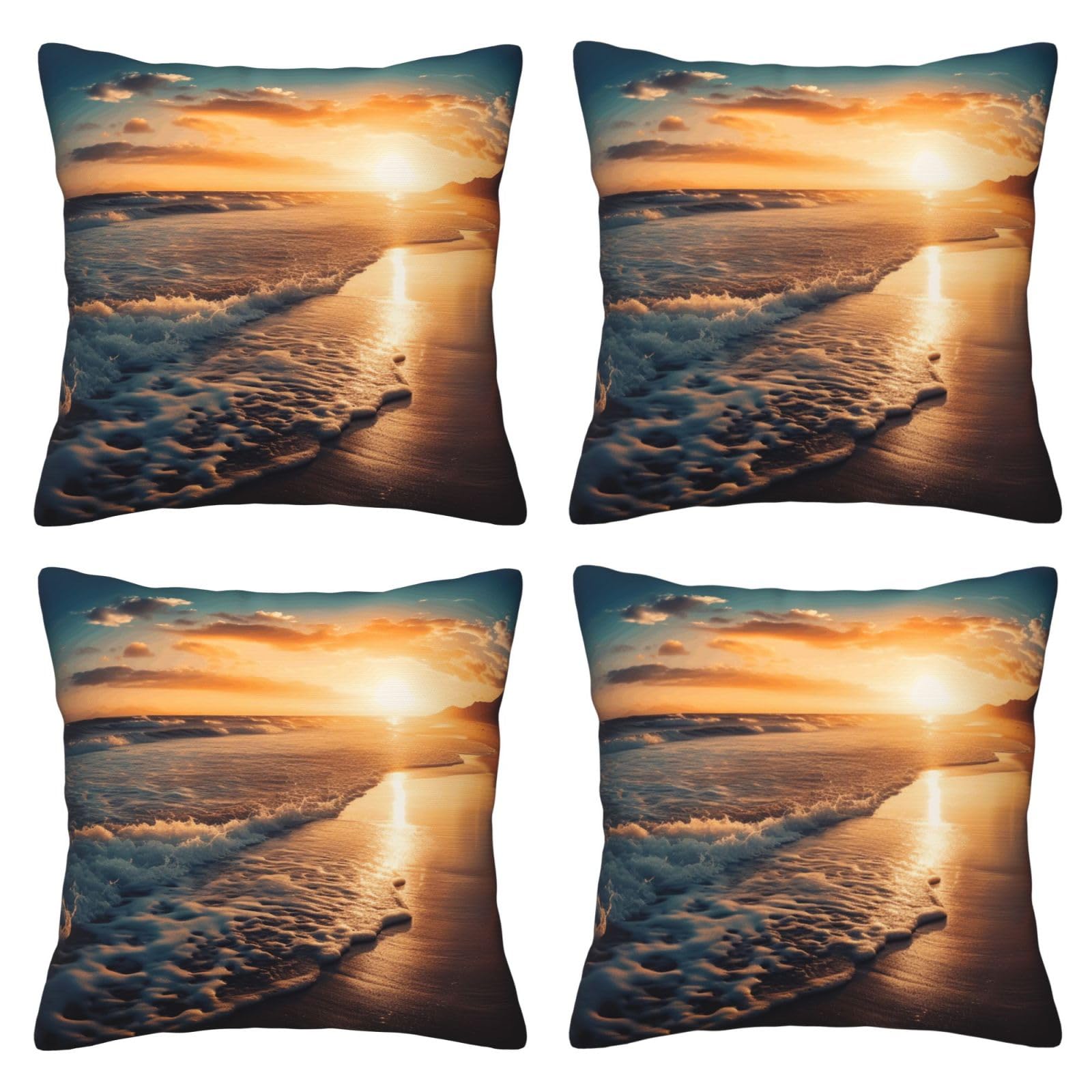 Sea Beach Sunset Throw Pillow Cases 4 Pack Square Pillowcases Super Soft Pillow Protectors With Zipper for Couch Livingroom Sofa Bed Office Car,30x30 CM