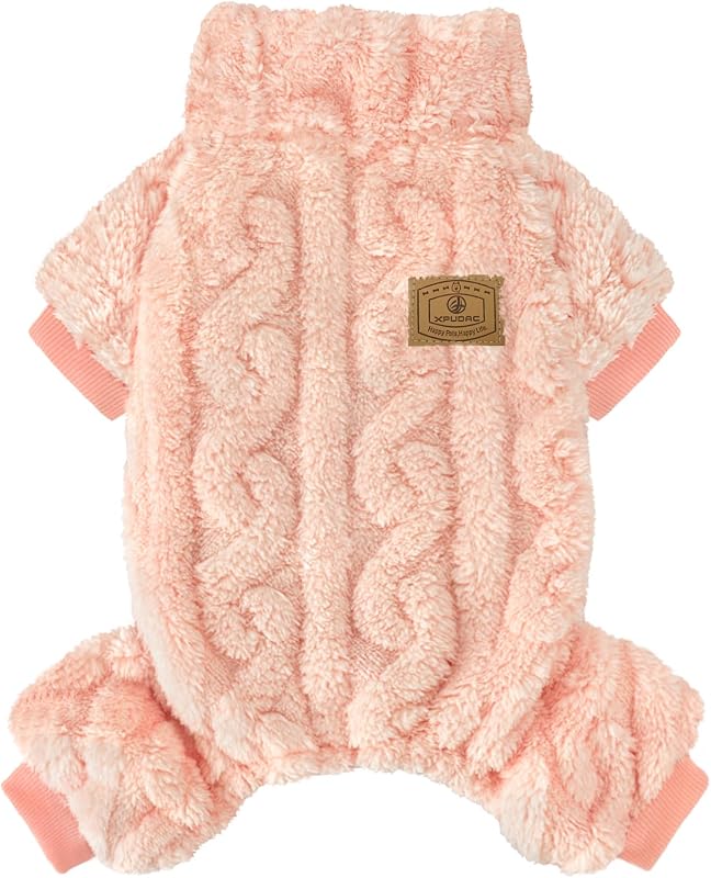 XPUDAC Dog Sweater, Dog Winter Clothes for Small Medium Dogs Girl Boy Fleece Pet Pajamas for Winter Christmas, Peach-Small