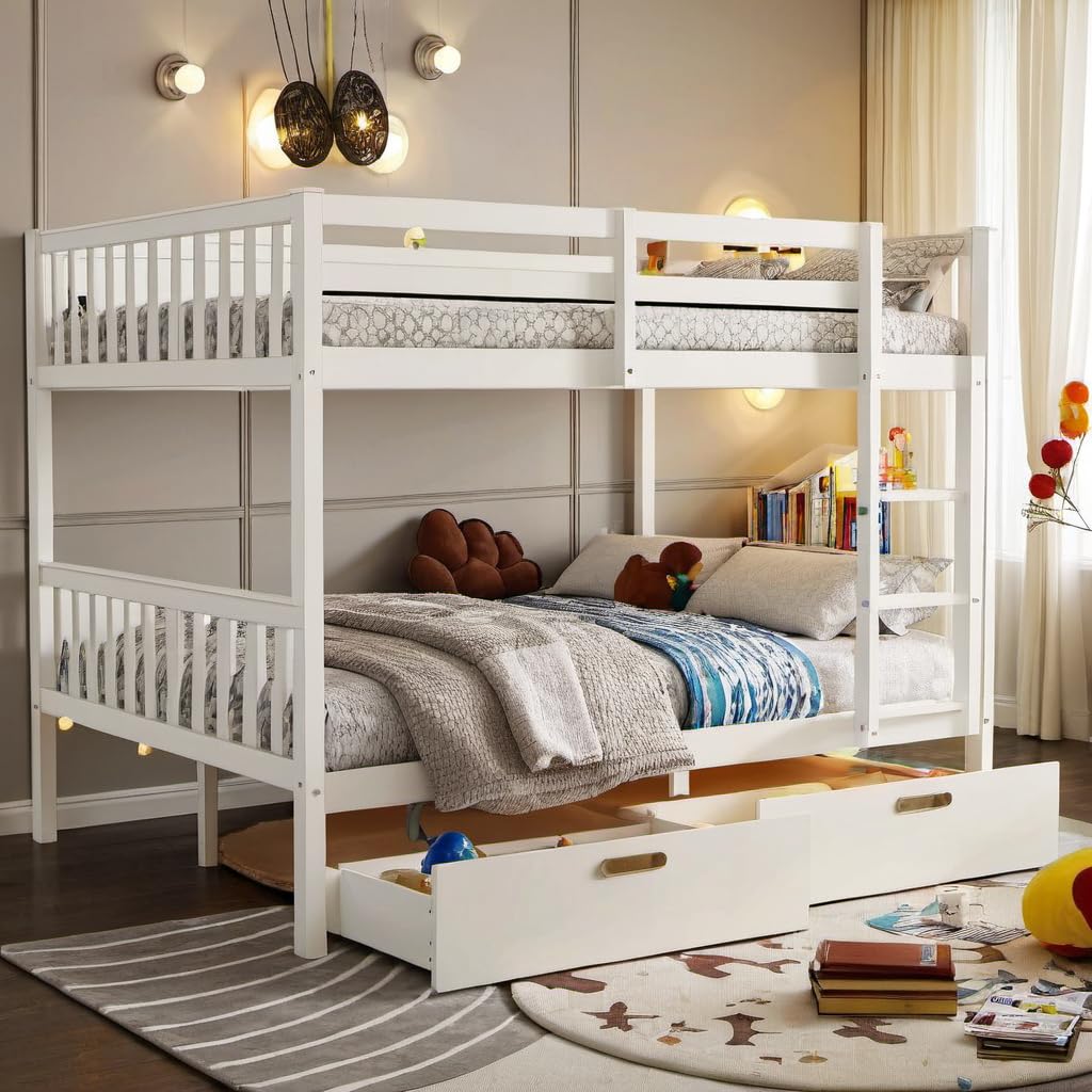 Photo 1 of PVWIIK Full Over Full Wood Bunk Bed with 2 Drawers - White
