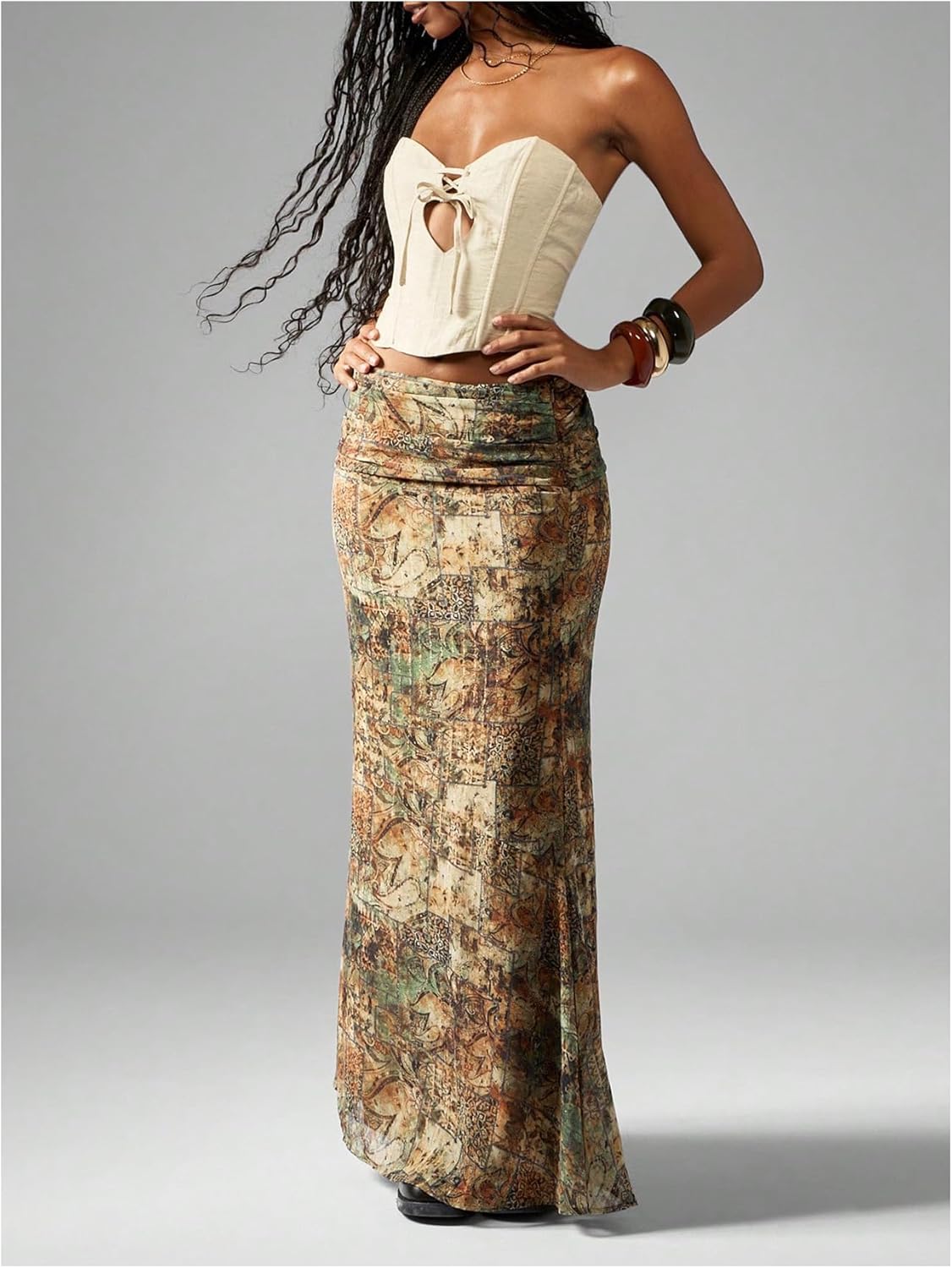 WDIRARA Women's Boho Print Bodycon Maxi Skirt Ruched Fishtail Long Skirts - Image 5