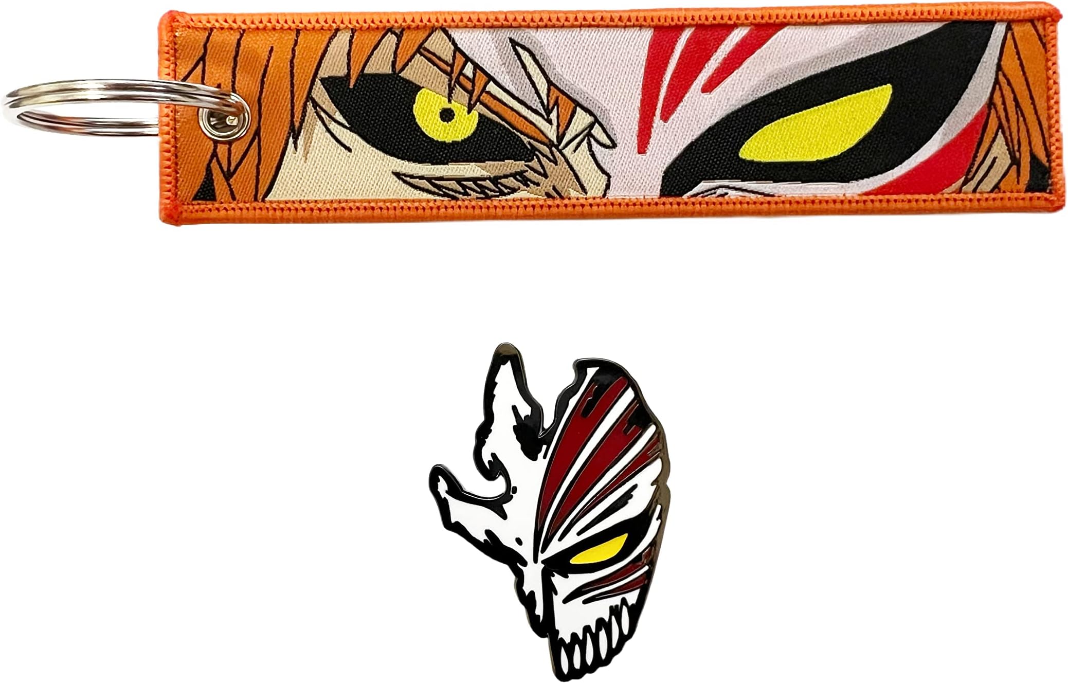 Japanese Anime Bleach Tokyo Hero Set of One Embroidered Fabric Keychain and One Enamel Metal Pin Badge Jewelry Accessory for Backpack Clothes Caps