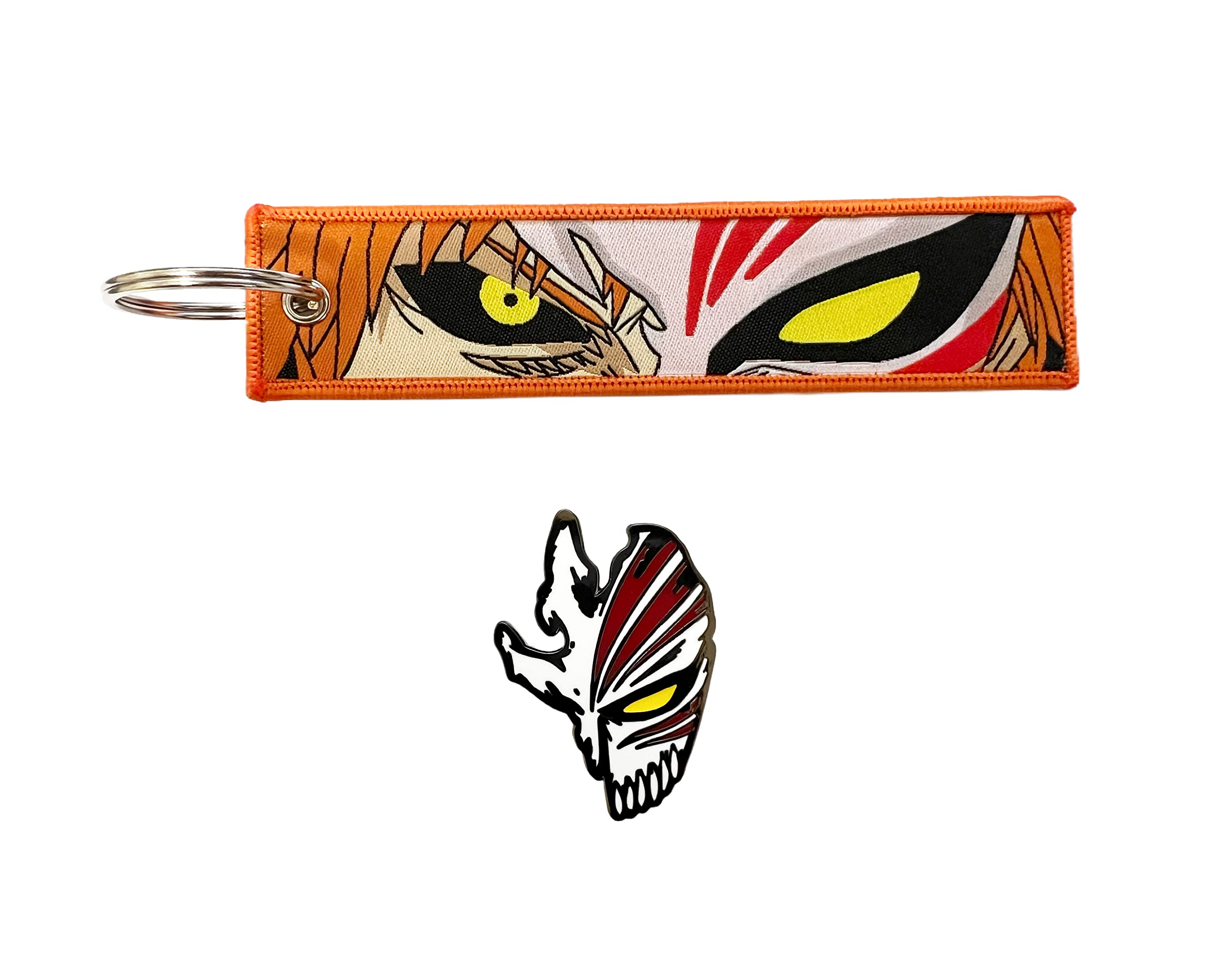 Japanese Anime Bleach Tokyo Hero Set of One Embroidered Fabric Keychain and One Enamel Metal Pin Badge Jewelry Accessory for Backpack Clothes Caps