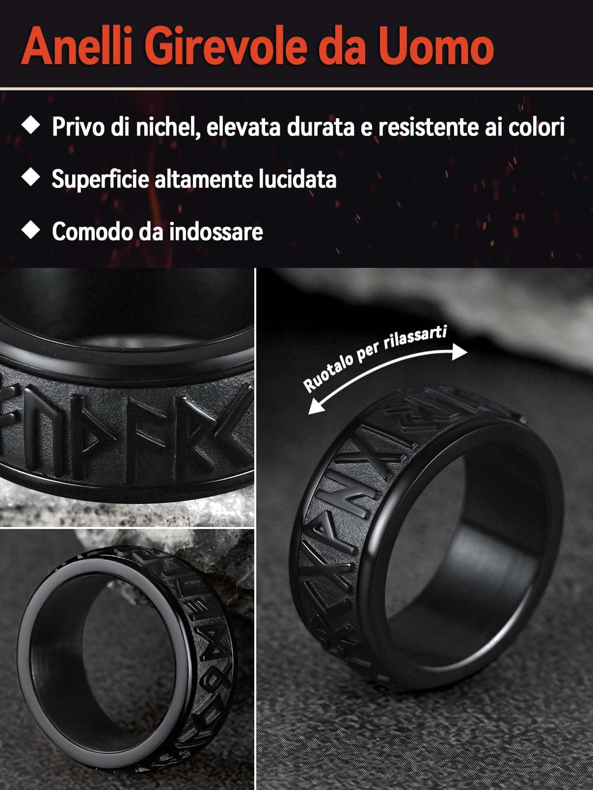 FaithHeart Rune Anello Vichingo Uomo Acciaio Anti-stress Spinner Punk Hiphop Anello Nome Personalizzato Taglia IT 14-32 con Confezione Regalo Compleanno