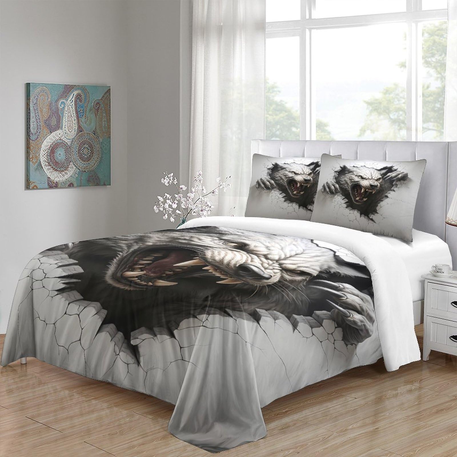 Grauer Wolf 3-teiliges Reines Polyester 3D Wandbild Stil Bettbezugset, Versteckter Reißverschluss, Für Kleinkinder, Babysicher & Gifffrei, Pflegeleicht King（220x240cm）