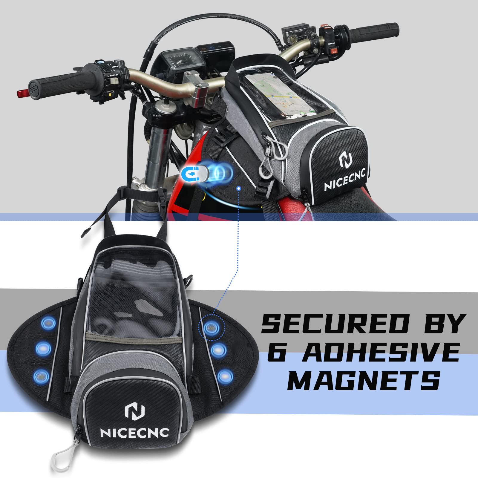 NICECNC Motorrad-Tankrucksack mit Magnetbefestigung, 6 Magneten und 5 verstärkten Riemen, Abnehmbarer Rutschfester Boden, tragbar, Aufbewahrungstasche für Dirtbikes