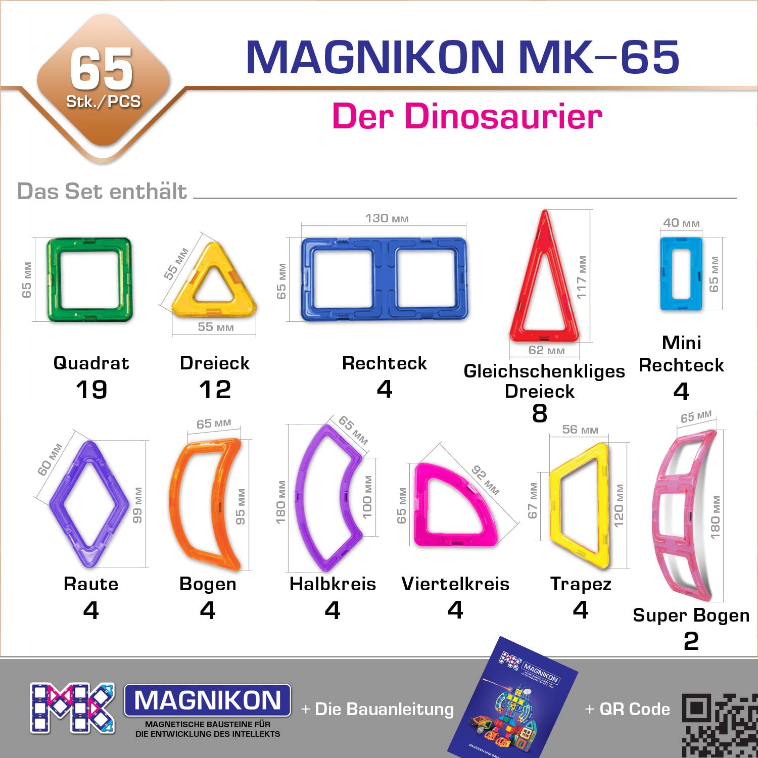 MAGNIKON Magnetische Bausteine Dinosaurier, Magnetbausteine, Bauklötze | Magnetsteine, Bausteine 65 Teile, Magnete für Kinder, Baukasten, Konstruktionsspielzeug, Magnet Spiel, Motorikspielzeug