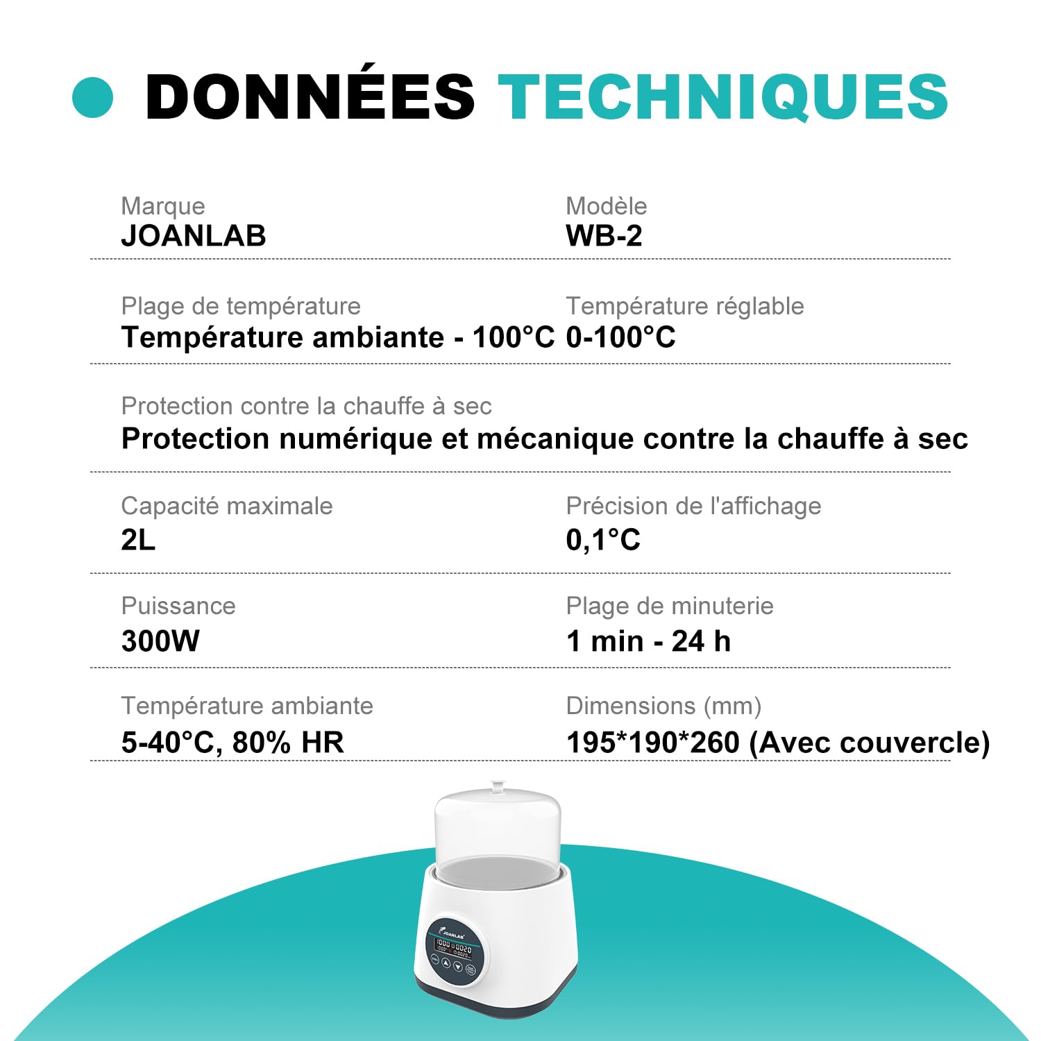 JOANLAB Bain-Marie Numérique 2L, Chauffage de Précision 100°C, Cuve Inox 304 avec Minuterie & Double Sécurité, Couvercle Transparent pour Expériences(WB-2S)