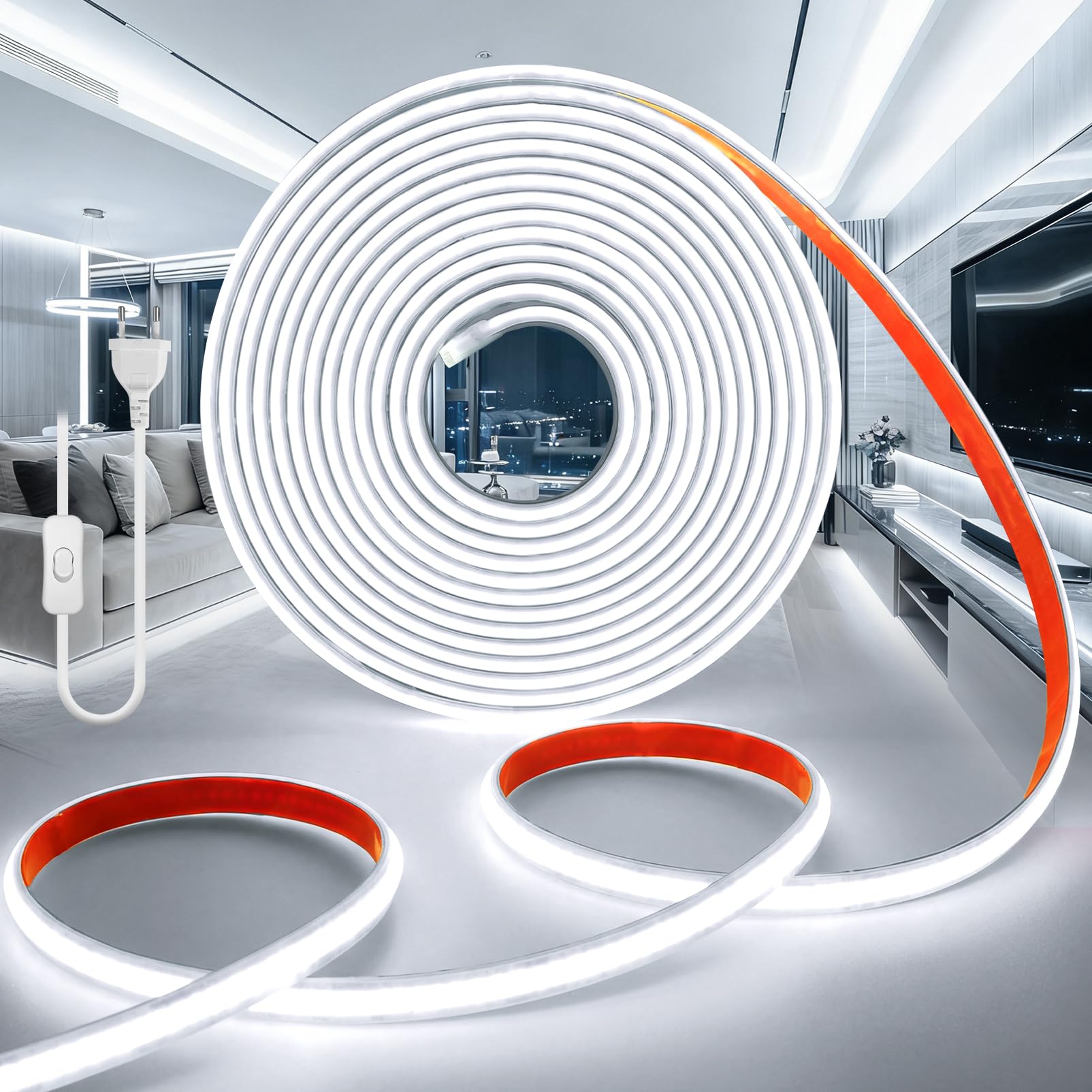 COB LED Streifen 20M 230V LED Strip Weiß 6000K Wasserdicht IP65 Selbstklebend Leiste Aussen Schlauch Lichtleiste Band 320LEDS/M Outdoor Lichterschlauch mit Netzteil für Schlafzimmer Küche