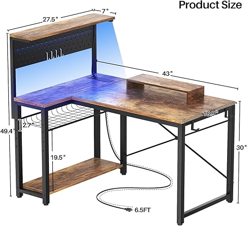 Miniatura 3 de Homieasy Escritorio pequeño para juegos con tomas de corriente, luz LED de tablero de clavijas, escritorio de computadora en forma de L de 43