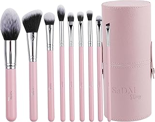Set de brochas de maquillaje 9 piezas con estuche – Brochas para base, polvos, corrector, iluminador, contorno, colorete...