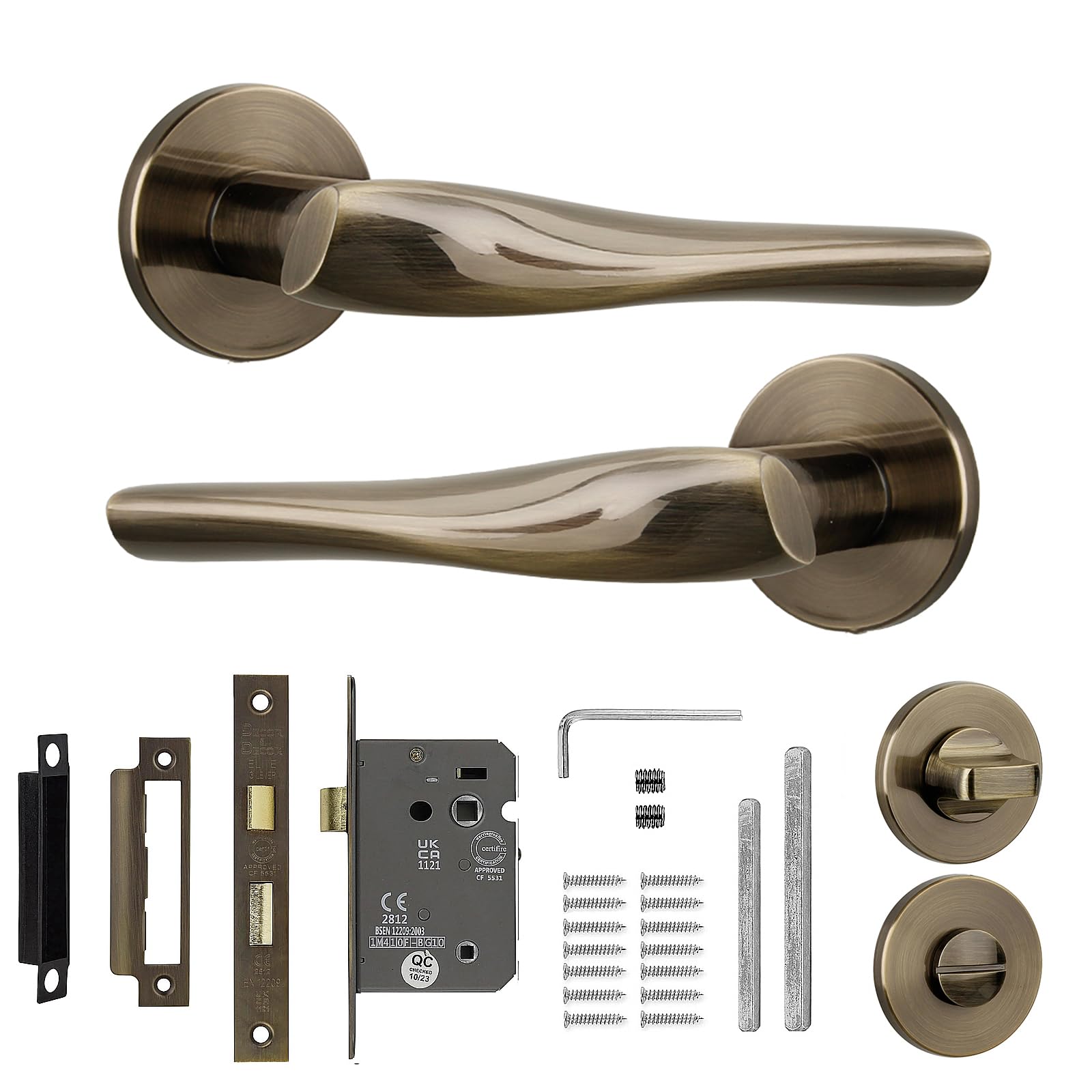 Decoranddecor Nanda Antique Brass Door Handles - Aluminium Door Lever Sets Brass Colour Internal Door Handles with Bathroom Door Lock and Turn and Release