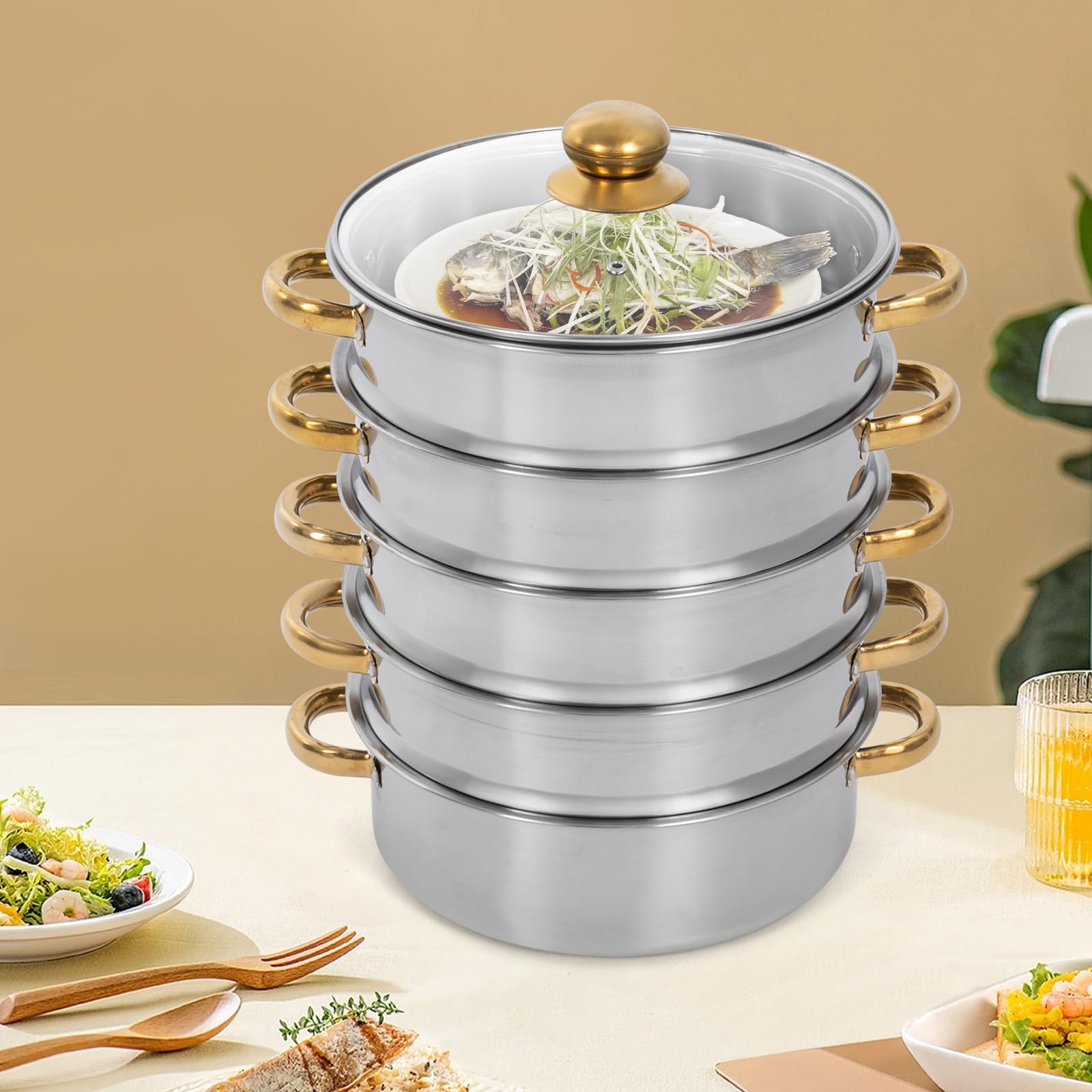 5-stöckige Dampfgarer aus Edelstahl, Kochgeschirr-Dampfgarer Kochen von Gemüse, Meeresfrüchten, Suppen, Eintöpfen und Nudeln spülmaschinenfest