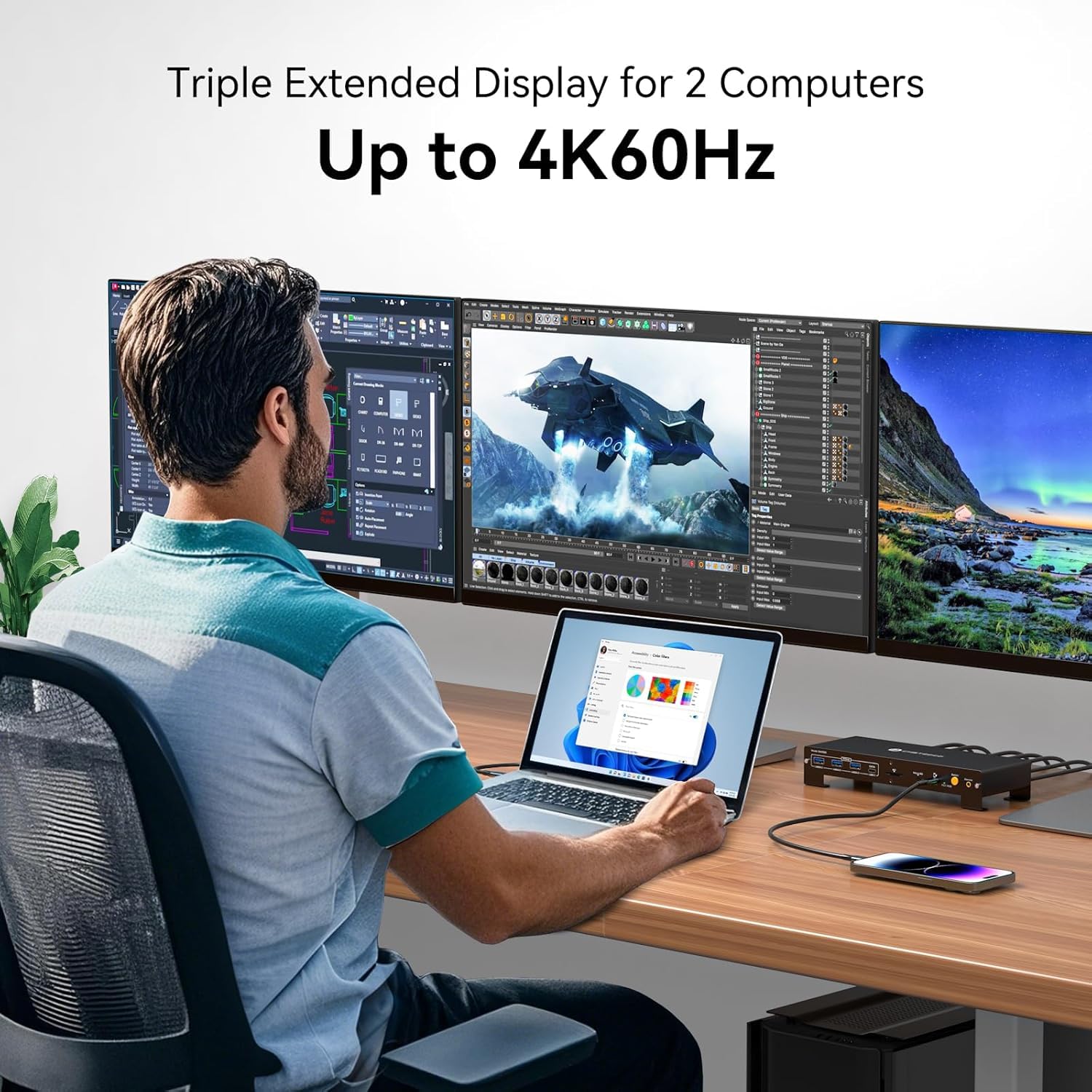 Stacja dokująca USB-C KVM do laptopów i komputerów stacjonarnych, 100 W PD, 4K/60 Hz, HDMI, DisplayPort, przełącznik KVM dla 2 komputerów i 3 monitorów, 16 w 1, Ethernet 1000 Mb/s