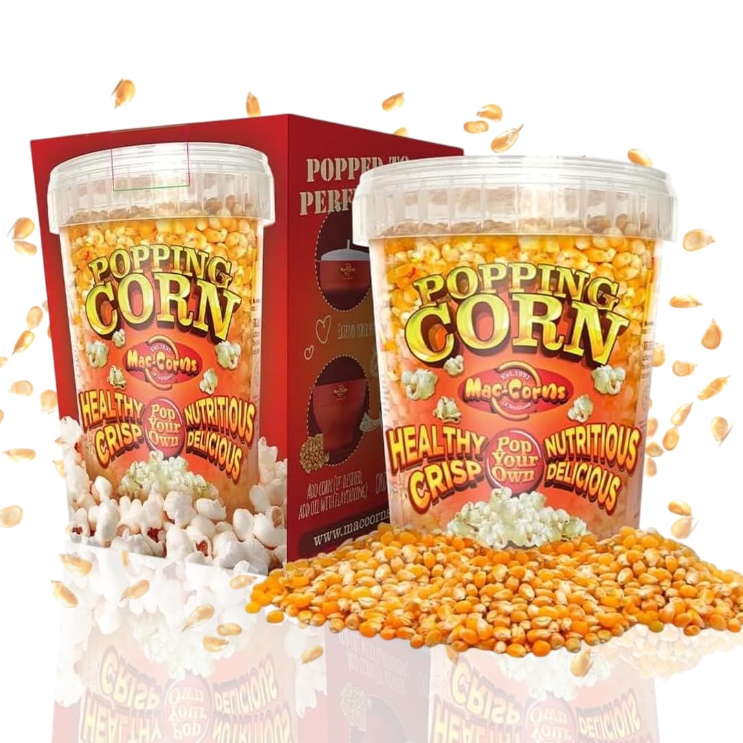 MacCorns USA Top Grade Popping Corn - 1 Litre Tub American Kernels for Popcorn Makers, Traditional Popping & Popcorn Machines - Boxed, Resealable & Reusable