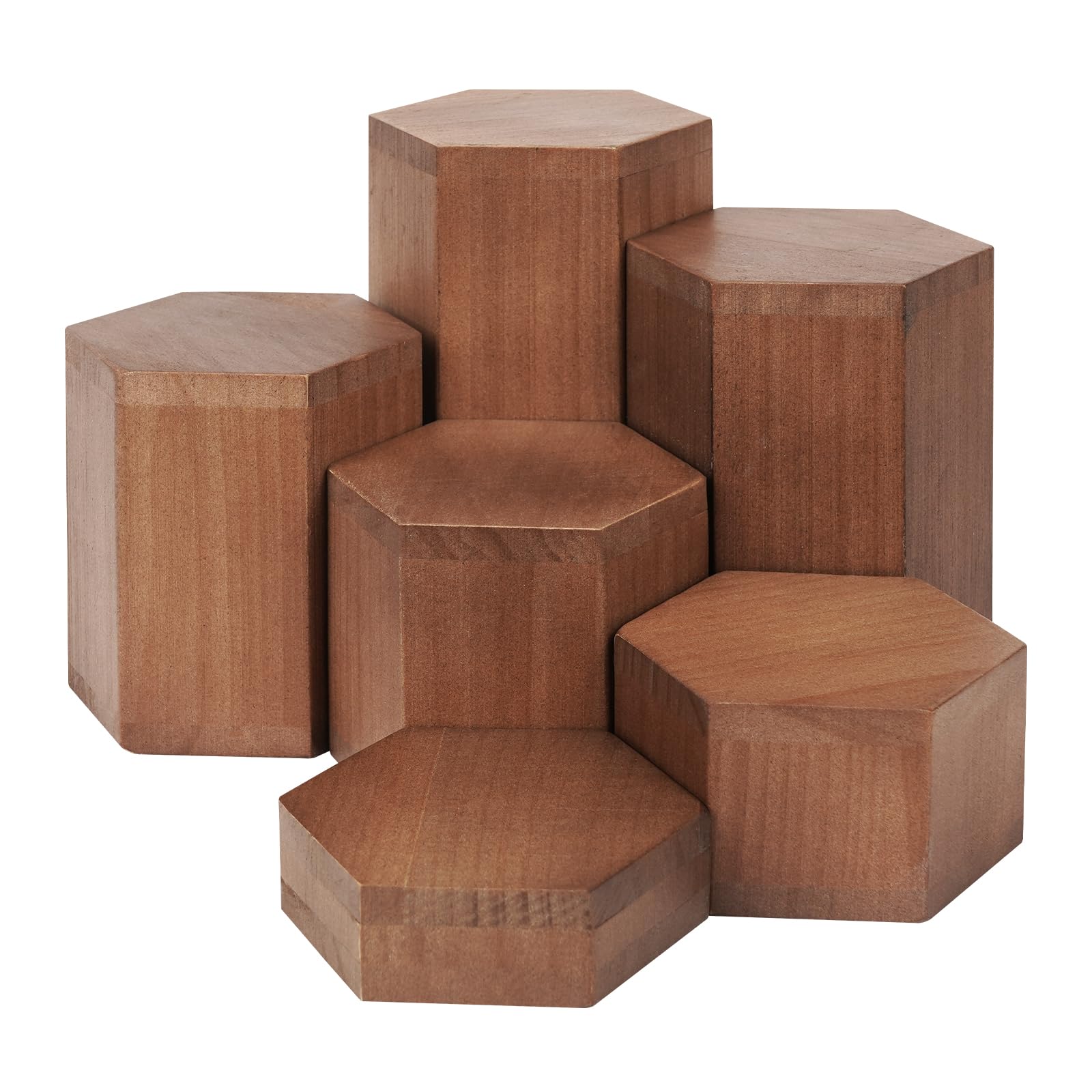 Erlsig 6 Pcs Wooden Hexagon Display Risers, Vintage Wood Showcase Stands for Shelves and Countertops, Hexagonal Display Blocks for Jewellery Perfume Retail Figures Model (Walnut Brown)