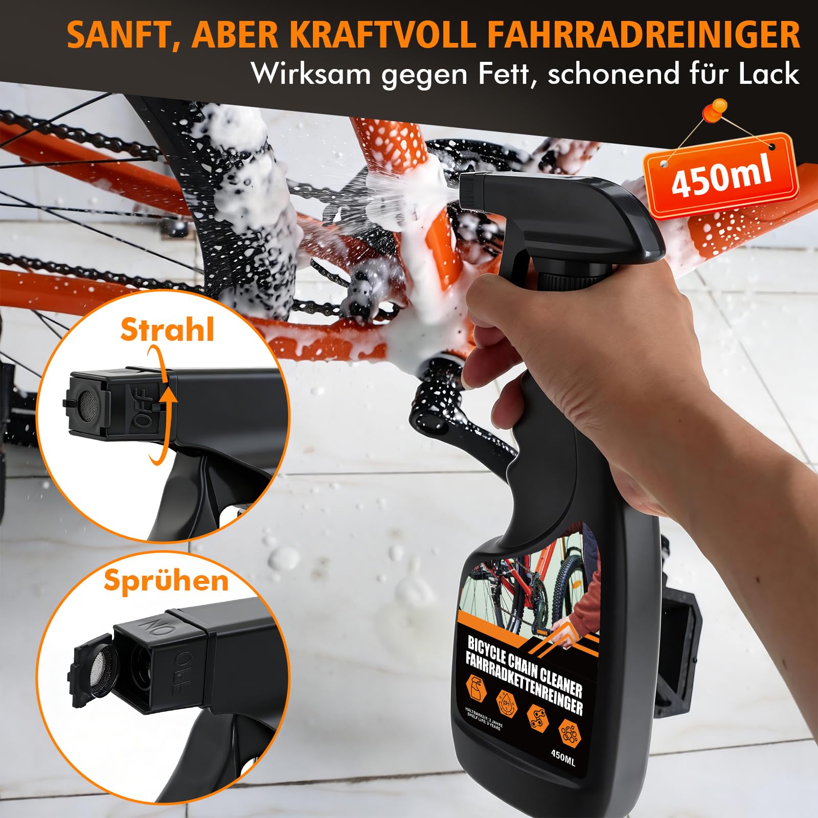 Fahrradketten Reiniger Set, Fahrrad Reinigungsset mit 450ml Fahrrad Kettenreiniger und 120ml Fahrradkettenöl, Fahrrad kettenreiniger Fahrradpflege Set mit Kettenbürsten für Alle Fahrrädern