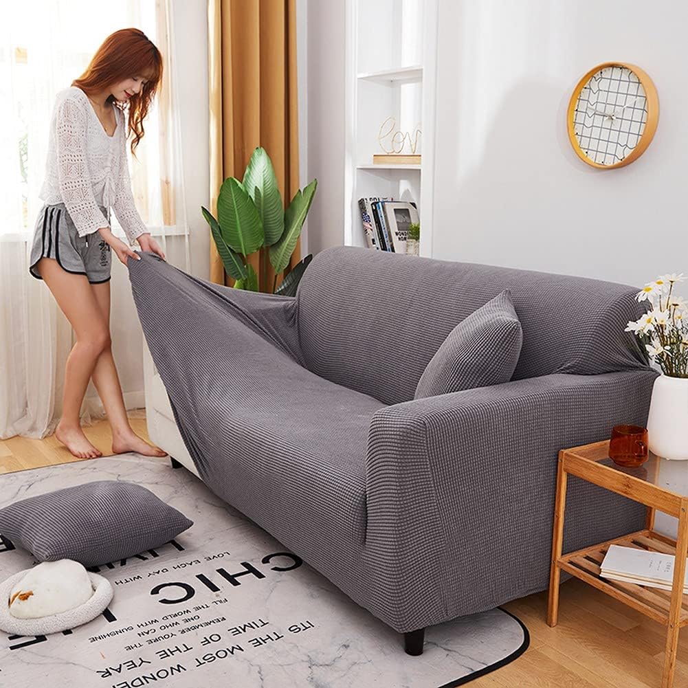 High Stretch Sofa Covers for 1/2/3/4 Seats, Pet Dog Cat Proof Slipcover Non Slip Magic Elastic Furniture Protector (3+4 seaters,Crimson) (Light Grey 4+4 seaters)