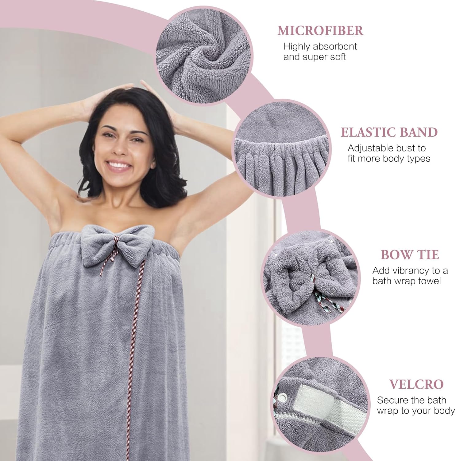 Women Bath Wrap Hair Towel - Adjustable Luxury Microfiber Soft Towels for Shower After Body Cover, Super Absorbent to Quick Drying Hair and Body, Grey