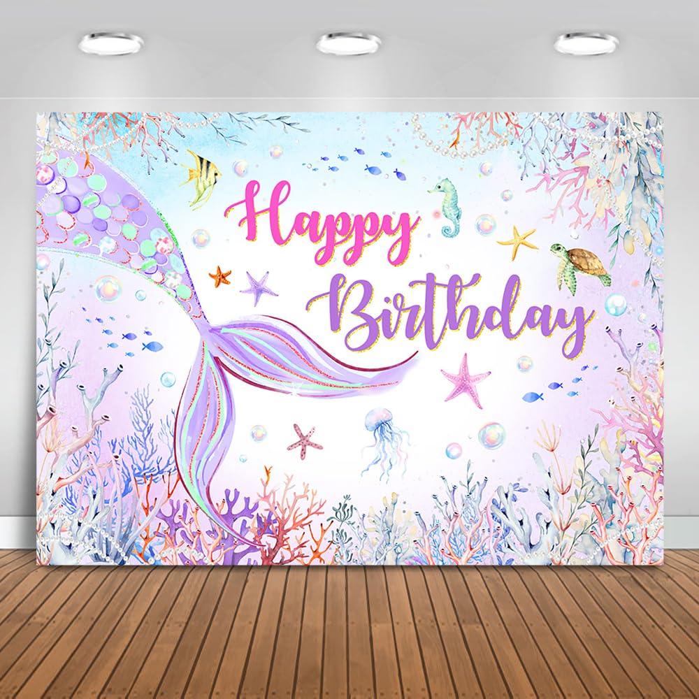 Mocsicka Mermaid Birthday Backdrop Blue Purple Mermaid Happy Birthday Background Under The Sea Mermaid Birthday Girls Birthday Party Decor Photo Booth Props (7x5ft)