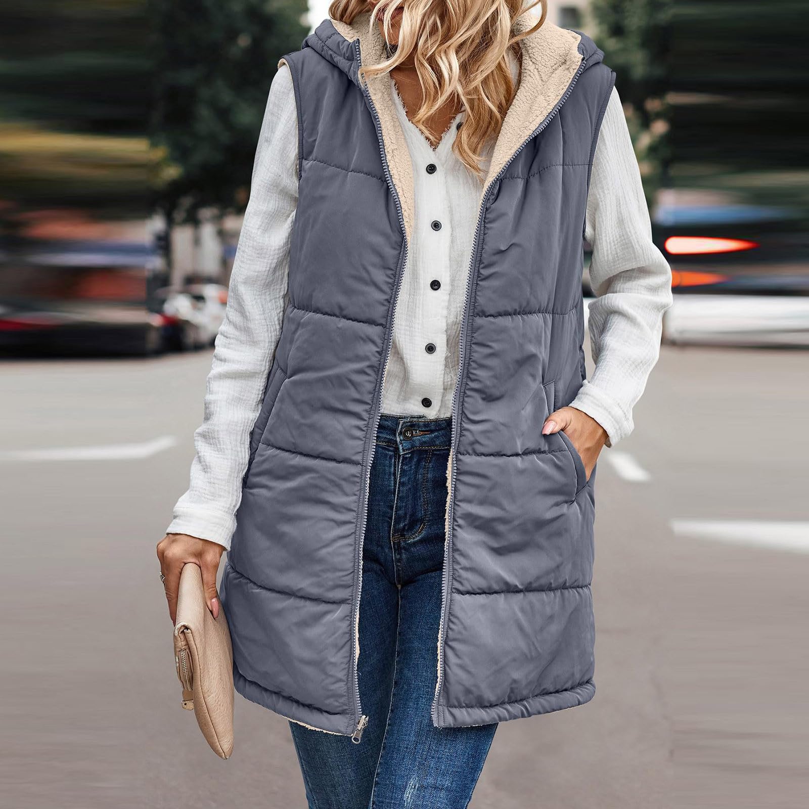 Generisch Steppweste Damen Lang Leichte Ärmellose Puffer Weste mit Kapuze Winter Warme Outdoor Daunenweste Übergangsweste Oversize Reißverschluss Winterjacke Lange Gilet Für Mädchen Elegant