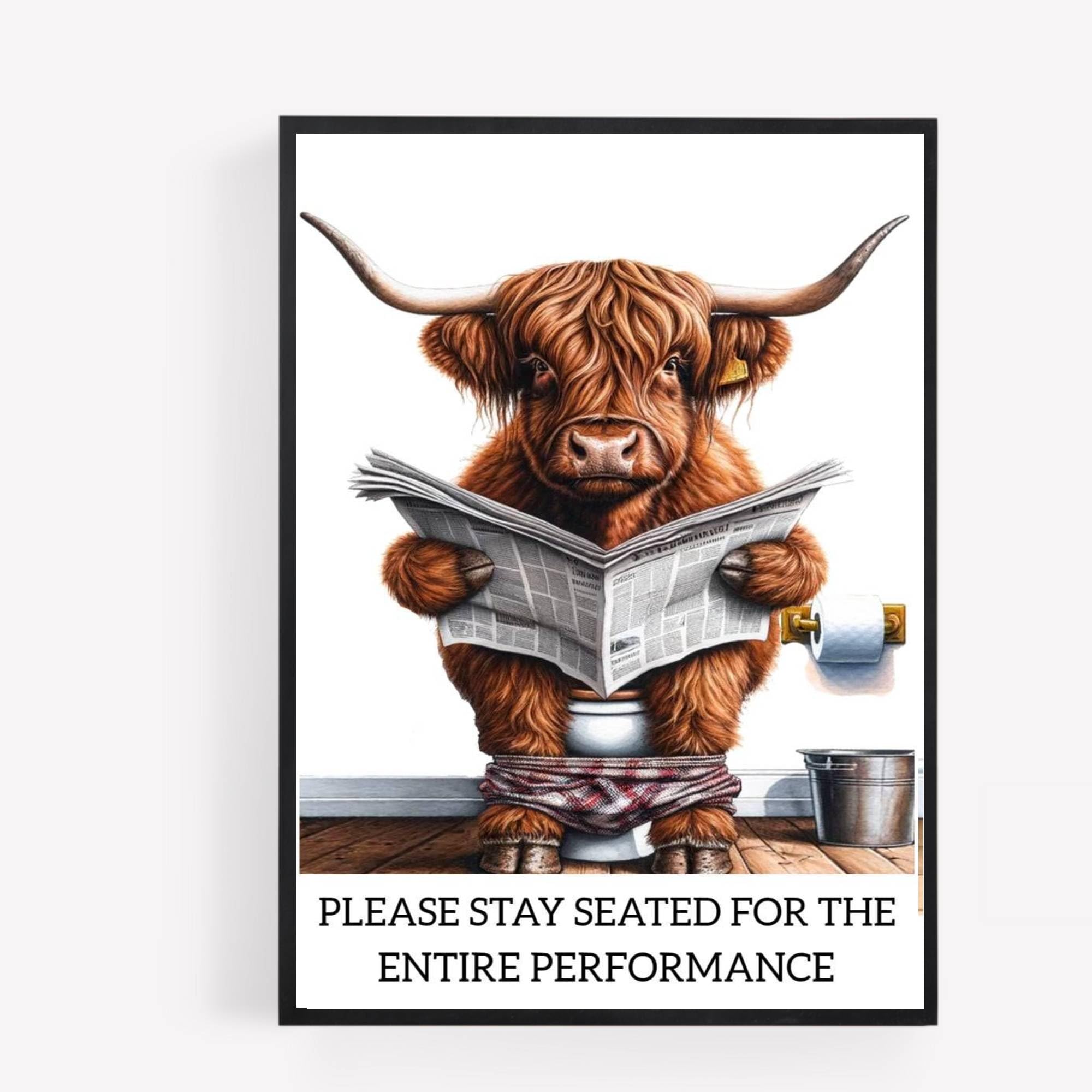 gfc Funny Bathroom Toilet animal Print Picture Poster highland cow on a toilet reading newspaper A4 UNFRAMED wall art Home decor Decorating be sated for the entire performance white