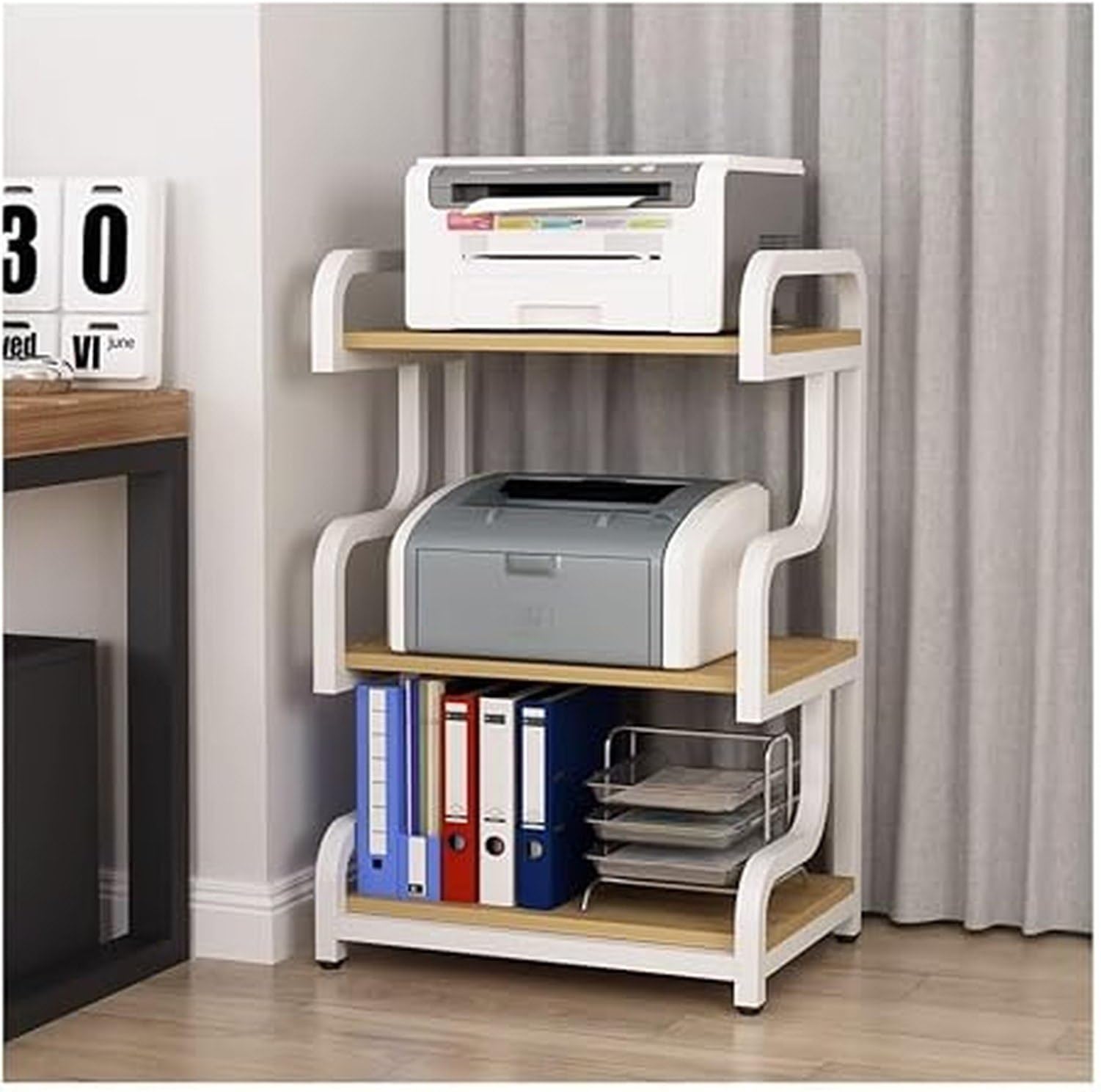 Soporte para Impresora de Pie con 3 Niveles, Estante para Escáner y Fax, Bandeja para Oficina, Base para Fotocopiadora y Trituradora, Negro, B