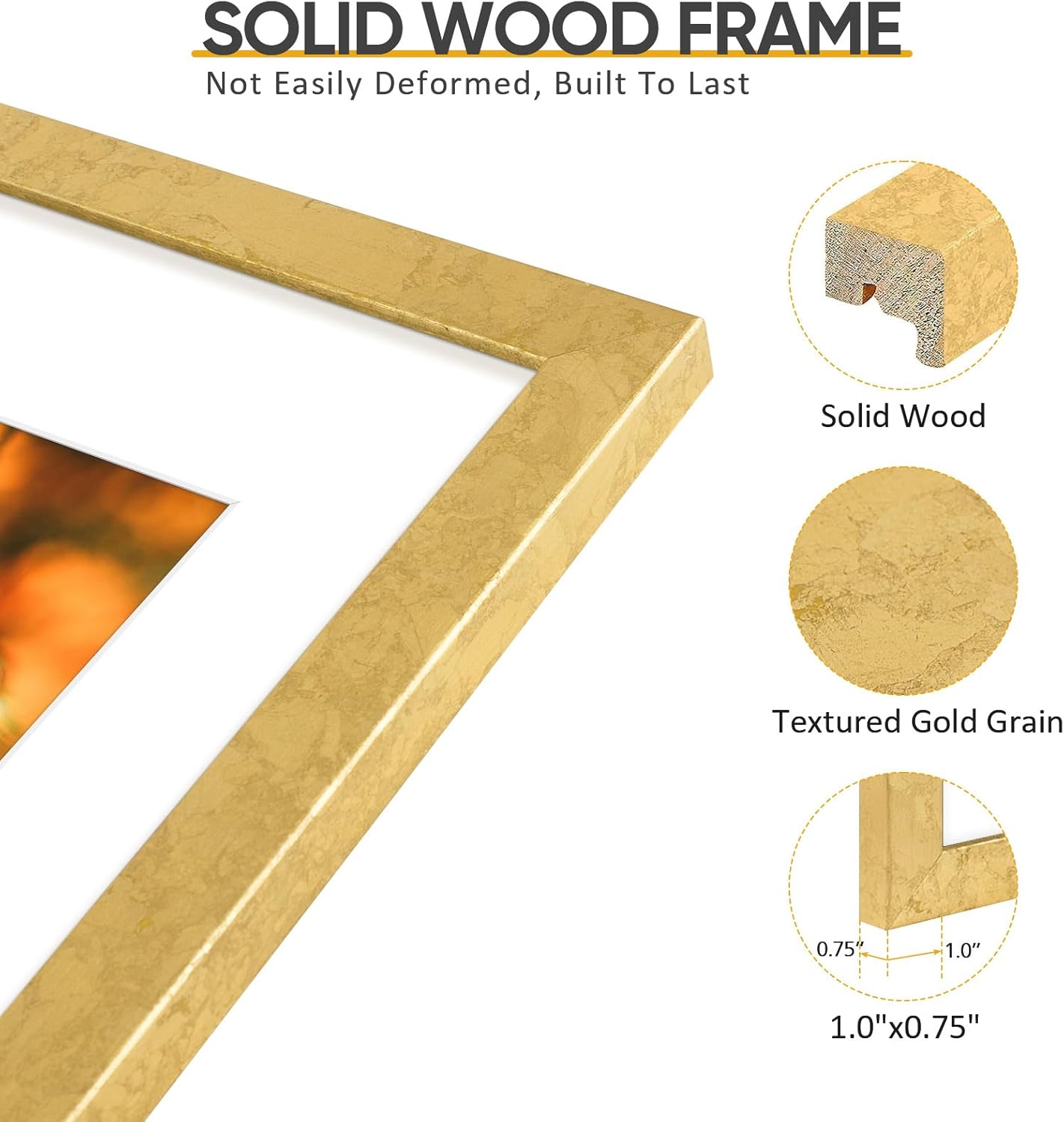 Golden State Art, 11x17 Picture Frame Gold - Solid Wood &Real Glass - Display 8x12 with Mat or 11x17 without Mat, Photo Frame for Wall Mounting Display
