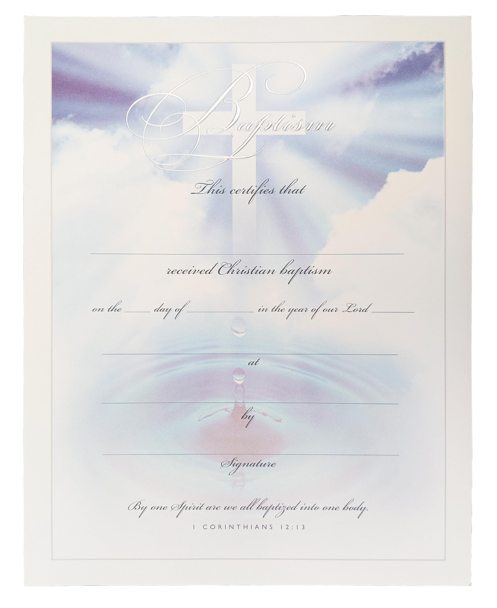 Premium Silver Foil Embossed Baptism Certificate – 8.5” x 11” Keepsake with Scripture (1 Corinthians 12:13, KJV) – Elegant Religious Certificate for