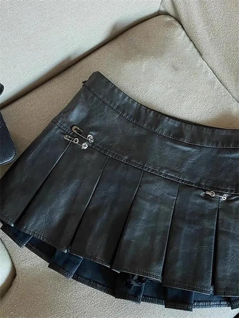 Kelsiop Minifalda plisada de piel sintética para mujer, color rojo y negro, cintura alta, estilo retro, gótico, punk