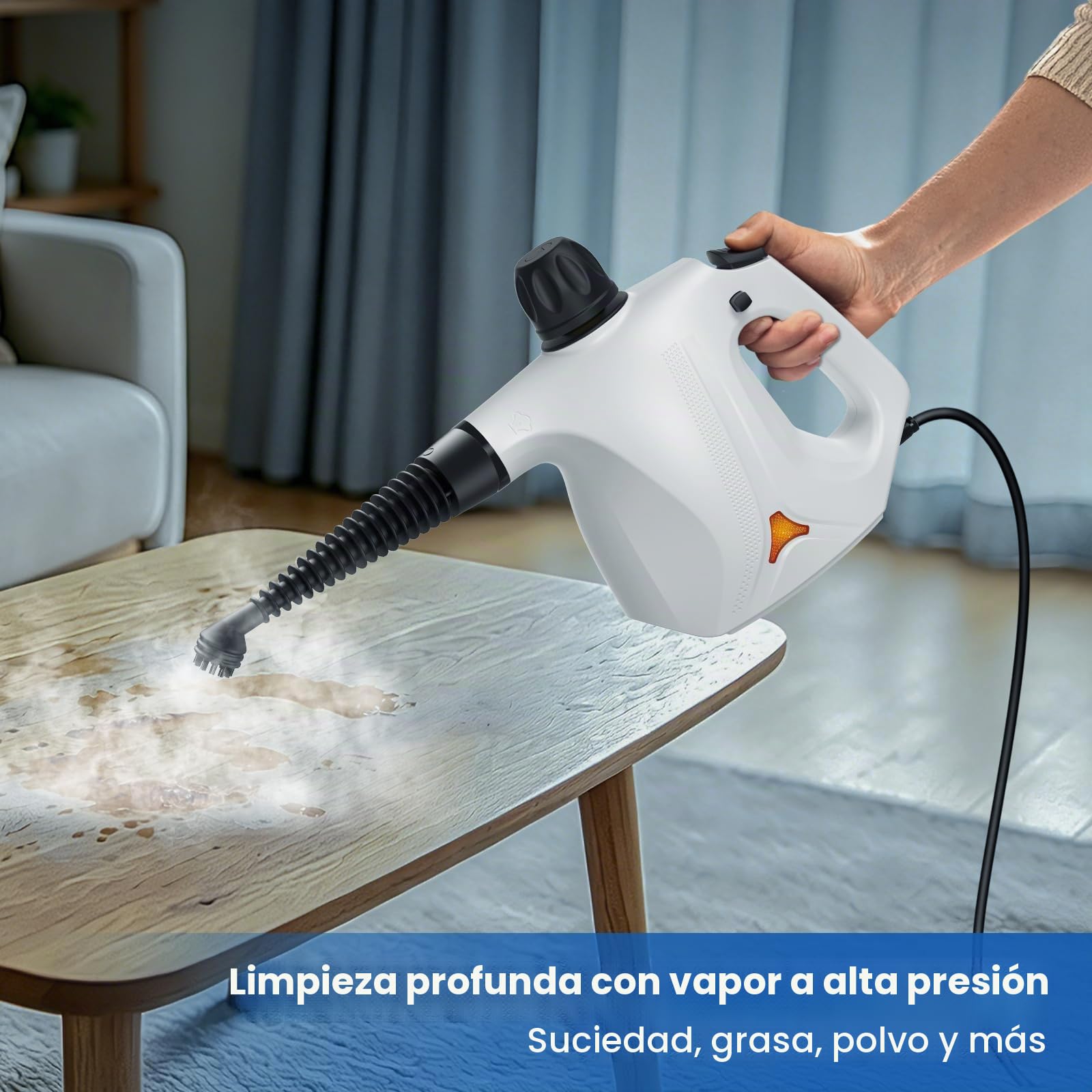 Cawevon Limpiador a vapor portátil con cierre de seguridad y 14 accesorios en 9 estilos diferentes para cocina, automóvil, textiles, baño, azulejos y estufas. (blanco)