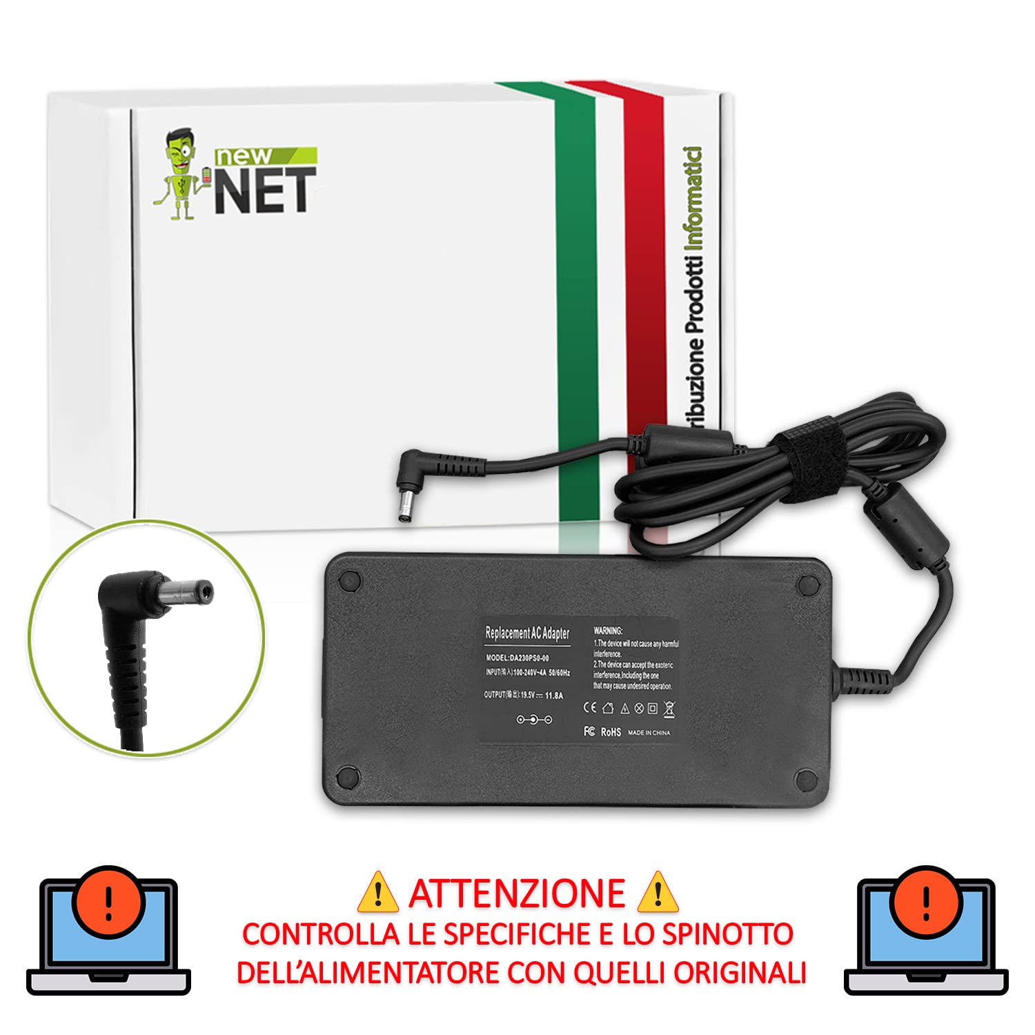 New Net Alimentatore - Caricatore Caricabatteria compatibile con Notebook Gigabyte AERO 15-Y9-4K80P 15XB 15-X8 15S OLED XA-7JP5130SP ZX8-CR5S1 15 OLED XA 15XA [ 19.5V 11.8A 230W - 5.5x2.5 mm ]