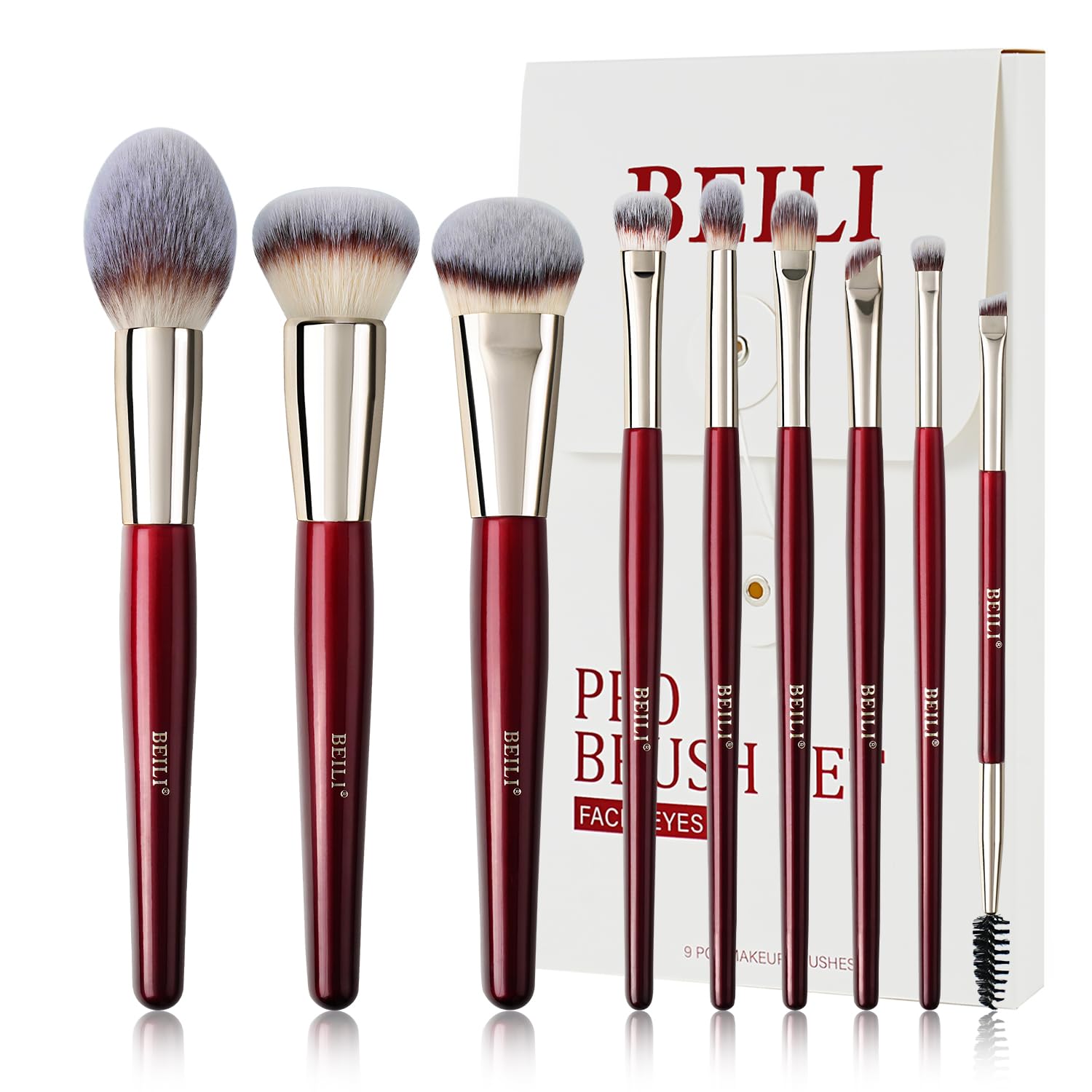 BEILIMakeup Brushes 9Pcs Make up Brushes Set Premium Synthetic Foundation Concealers Blush Eyeshadow Eyeliner Powder Highlighter Blending Face Brush Set(Red)