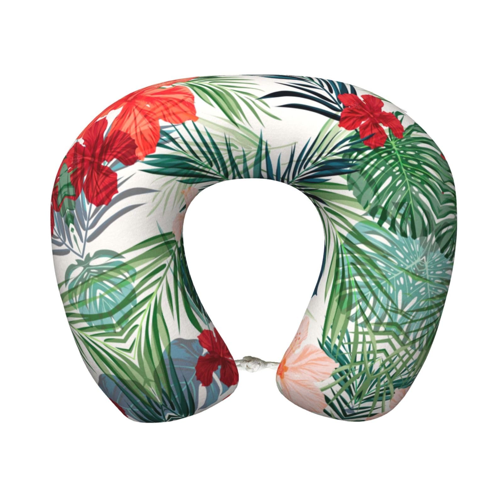 peiyeety Vegetation Leaves with Hibiscus Flowers Print Custom U-Shaped Pillow,Memory Foam Cervical Neck Travel Pillow,for Home,Camping,Travelling