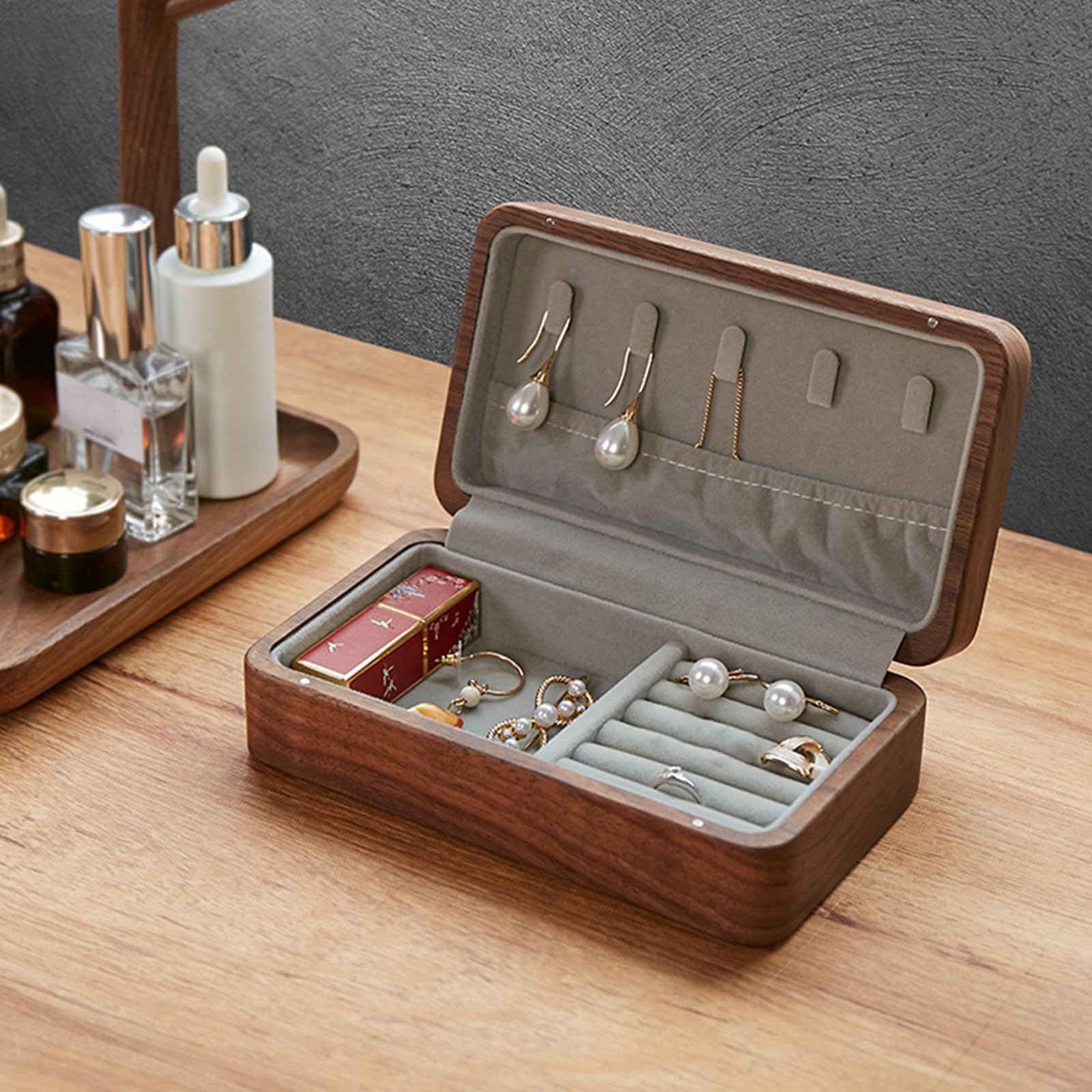 Scatola Gioielli Noce Portatile Retrò per Viaggio, Design Interno
