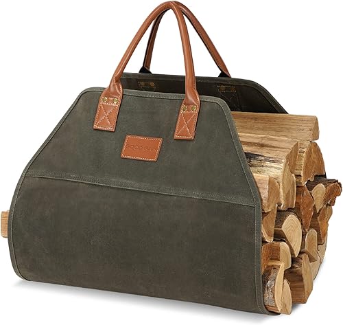 GOOD GAIN - Transportador de leña encerado con asas, portador de madera para leña, bolsa de almacenamiento de leña resistente de 36 x 18.5 pulgadas,