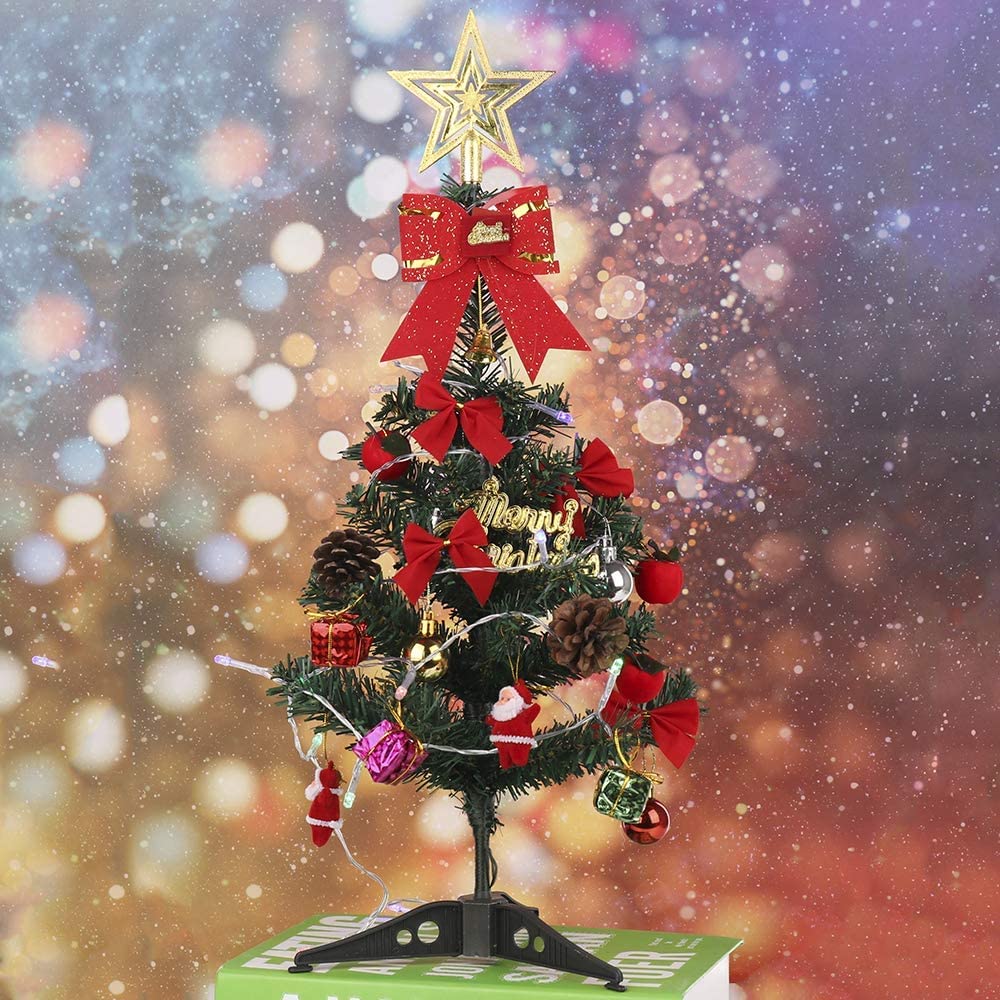 ASDOMO 24 Inch Mini Christmas Tree with Ornaments, Tabletop Artificial Holiday Tree Decor with LED Lights Battery Operated, Best DIY Christmas Decorations