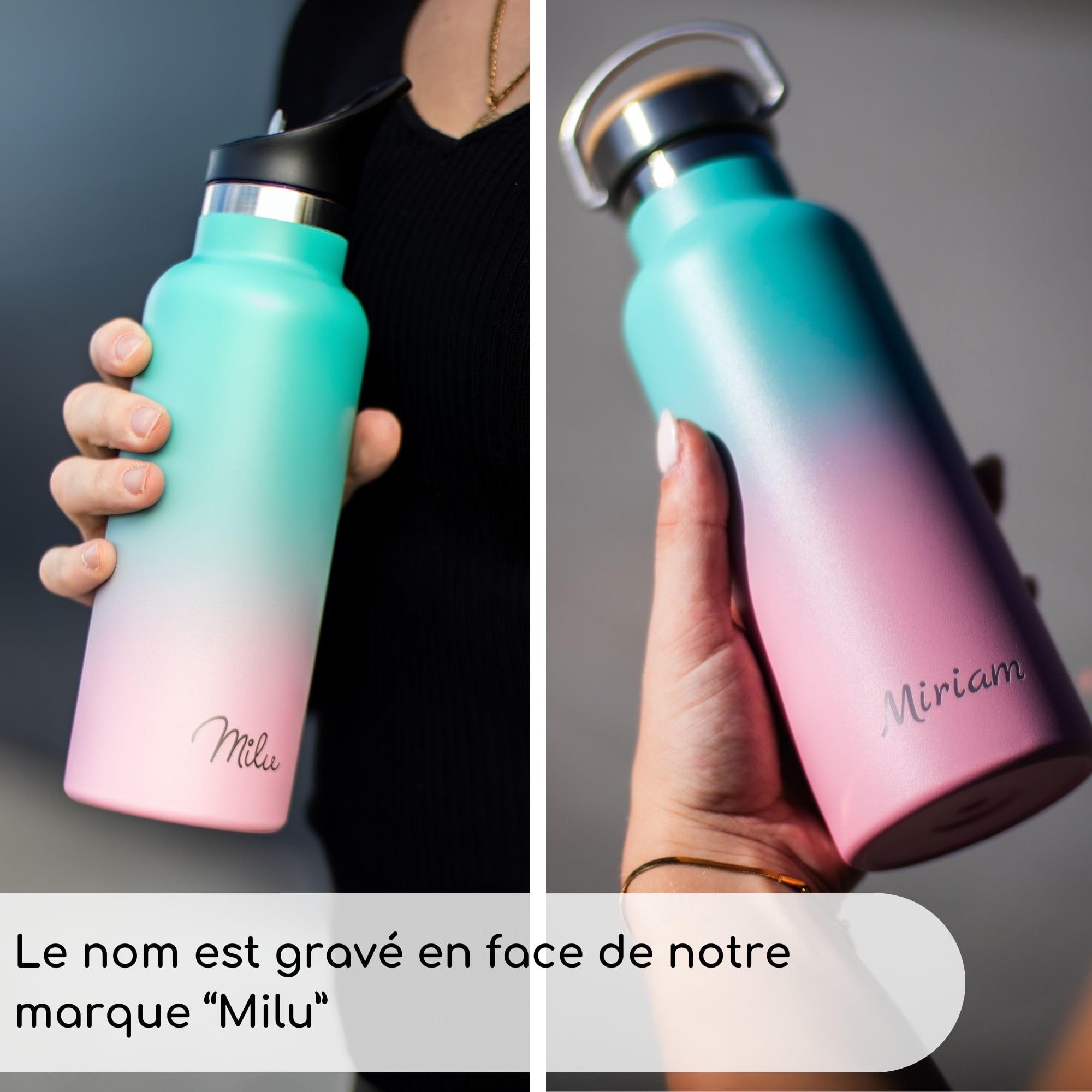 Milu Gourde en acier inoxydable avec gravure 350ml 500ml 750ml 1000ml (+3 couvercles) - Idée cadeau cadeau personnalisé avec prénoms Noël pour hommes femmes maman papa amis | (500ml + gravure)
