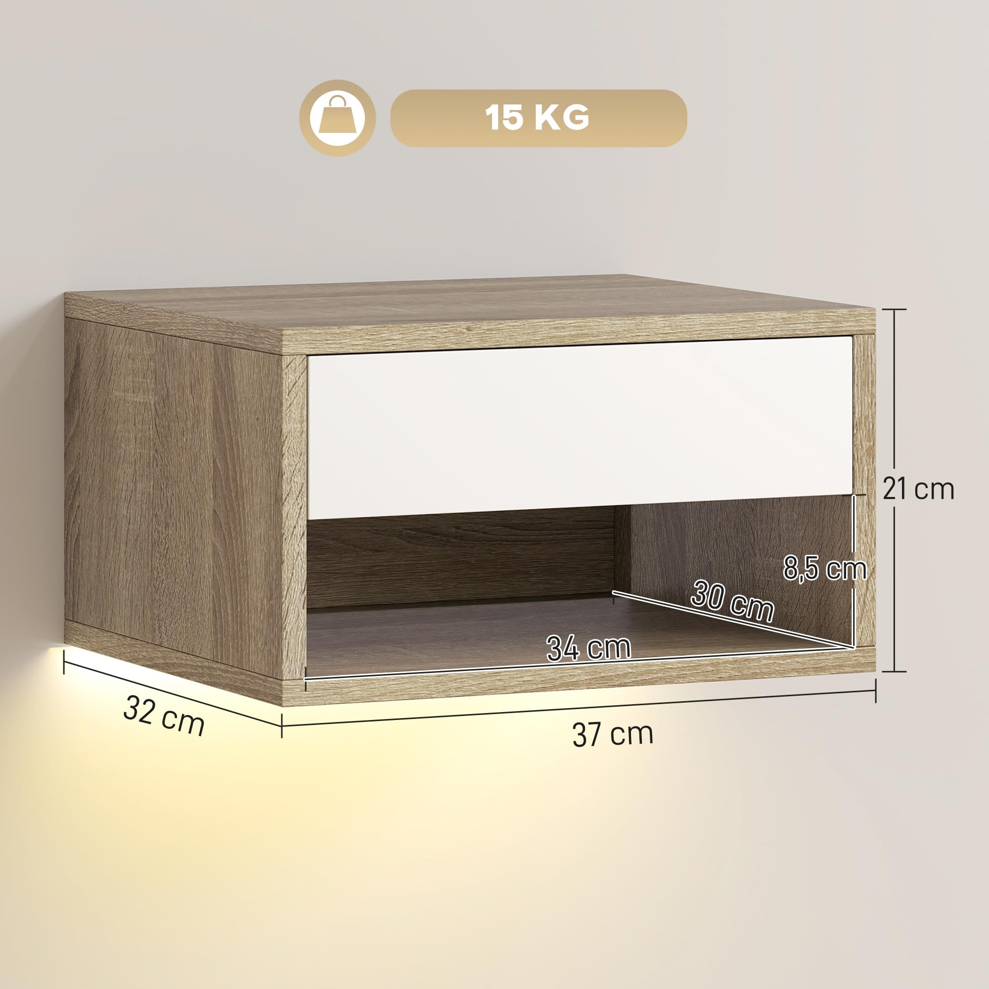 HOMCOM 2er-Set Hängende Nachttische, LED RGB Licht, Teak | App-Steuerung, wandmontierte Nachttische, offenes Fach, 1 Schublade, für Schlafzimmer, Wohnzimmer, 37x32x21cm.